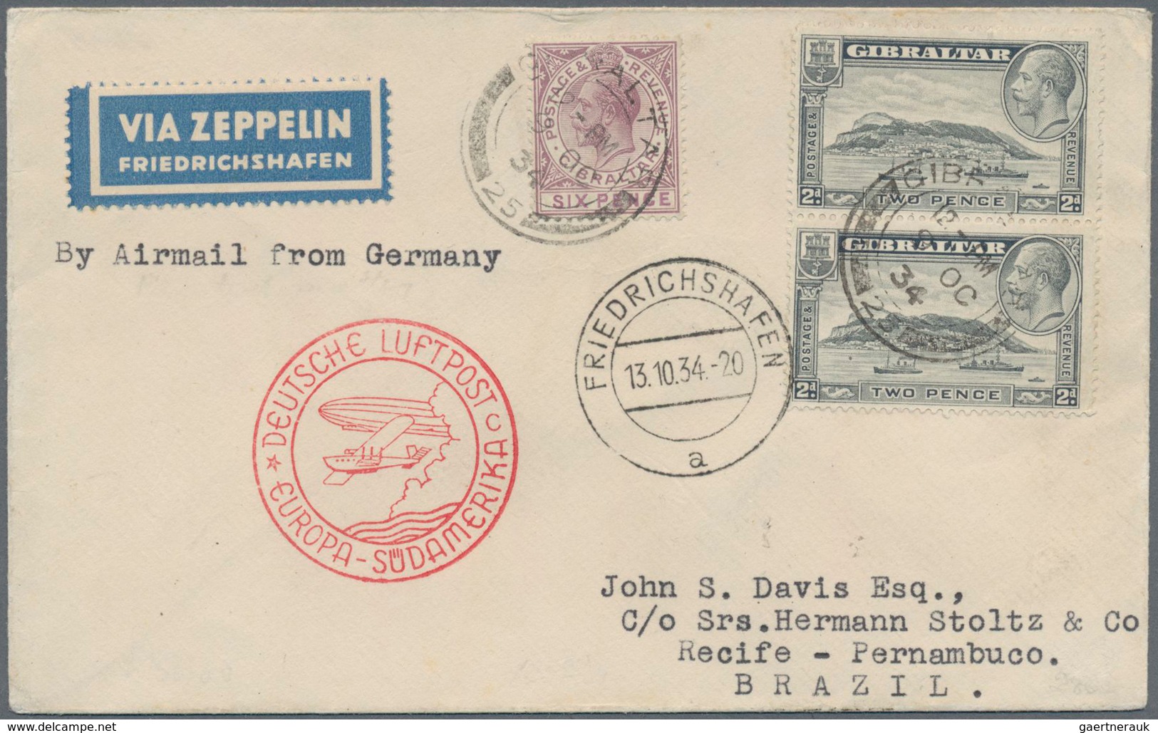 Zeppelinpost Europa: 1934, 10. Südamerikafahrt, Brief Ab Gibraltar 9.10., Transit Stuttgart 13.10. U - Andere-Europa