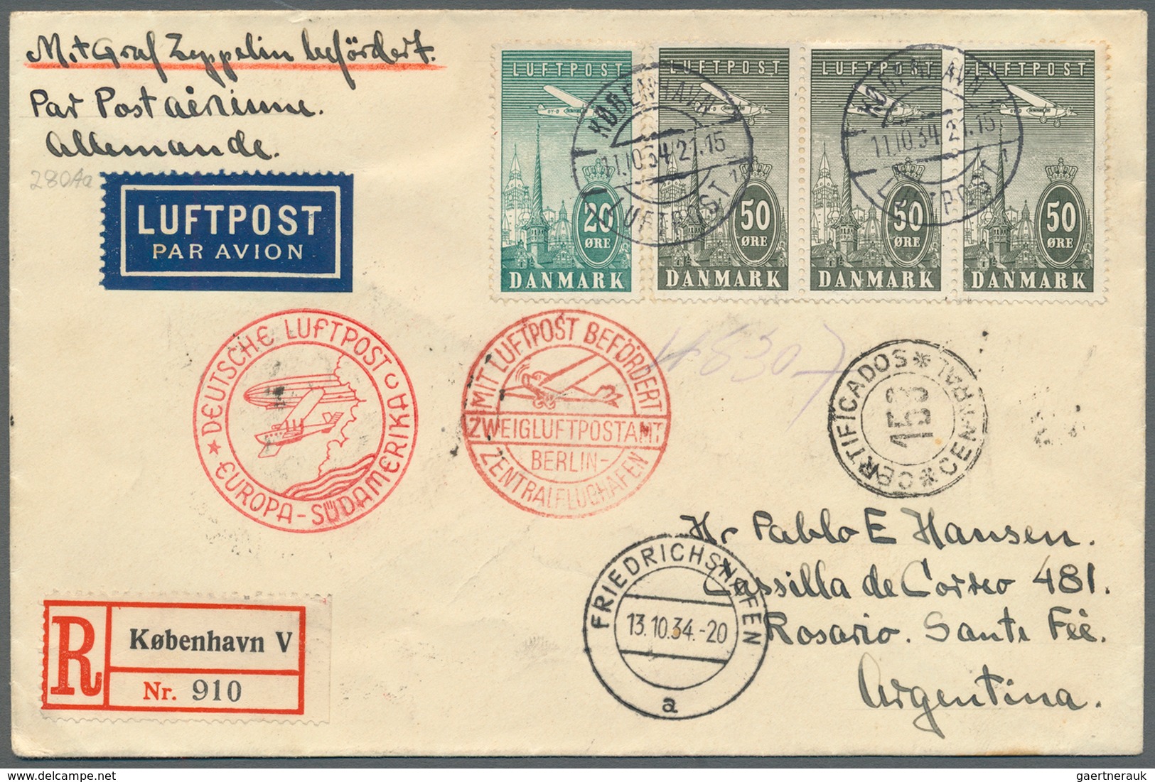 Zeppelinpost Europa: 1934, DÄNEMARK/10. SAF 1934: Dekorativer Reco-Vertragsstaatenbrief Mit Flugmark - Andere-Europa