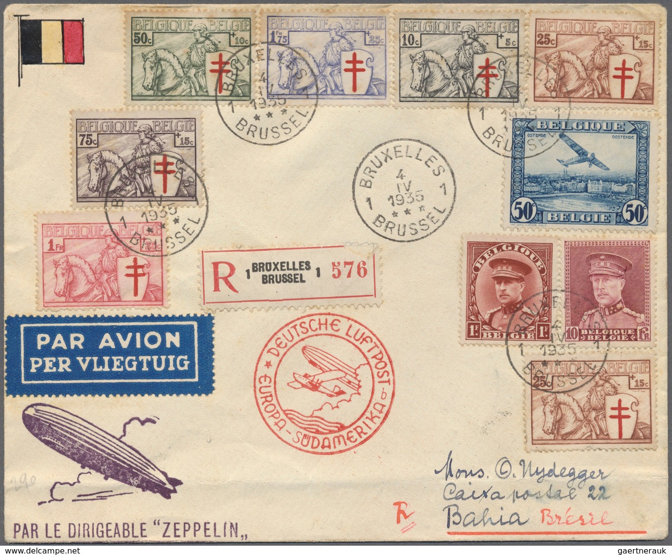 Zeppelinpost Europa: Belgien: 1935, 1. Südamerikafahrt, Nachbringeflug Ab Berlin, R-Brief Aus "BRUXE - Andere-Europa