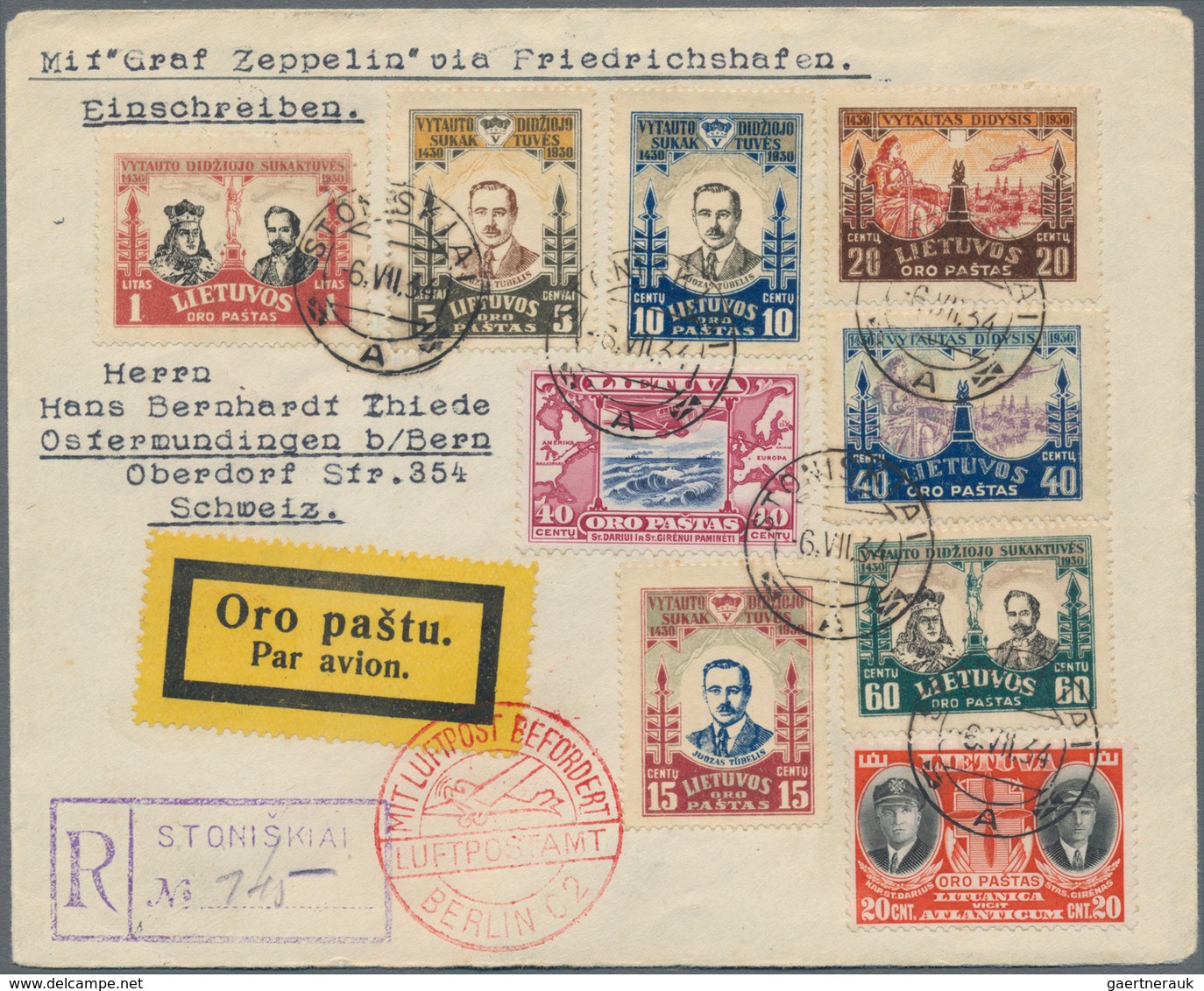 Zeppelinpost Europa: 1934, Lithuania, 9 Stamps On Registered Cover From Stoniskiai, 6.VII.34, Prepar - Andere-Europa