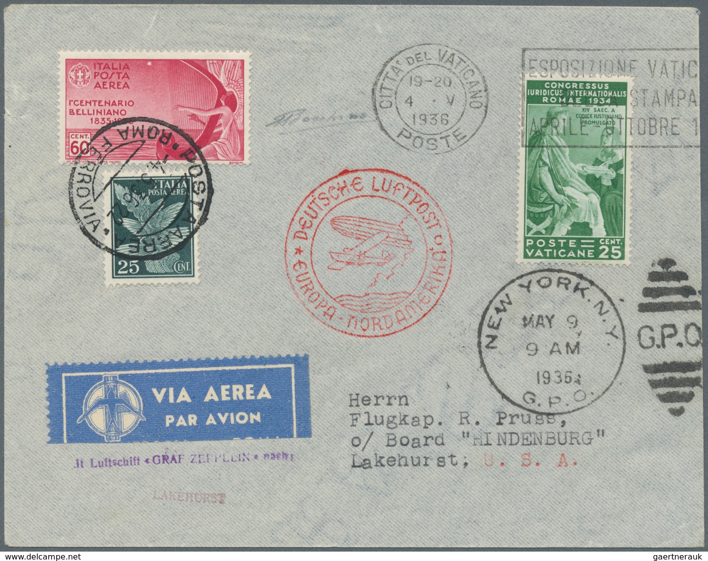 Zeppelinpost Europa: 1936. Double-franked Zeppelin Card Flown On The Hindenburg's 1st 1936 North Ame - Andere-Europa