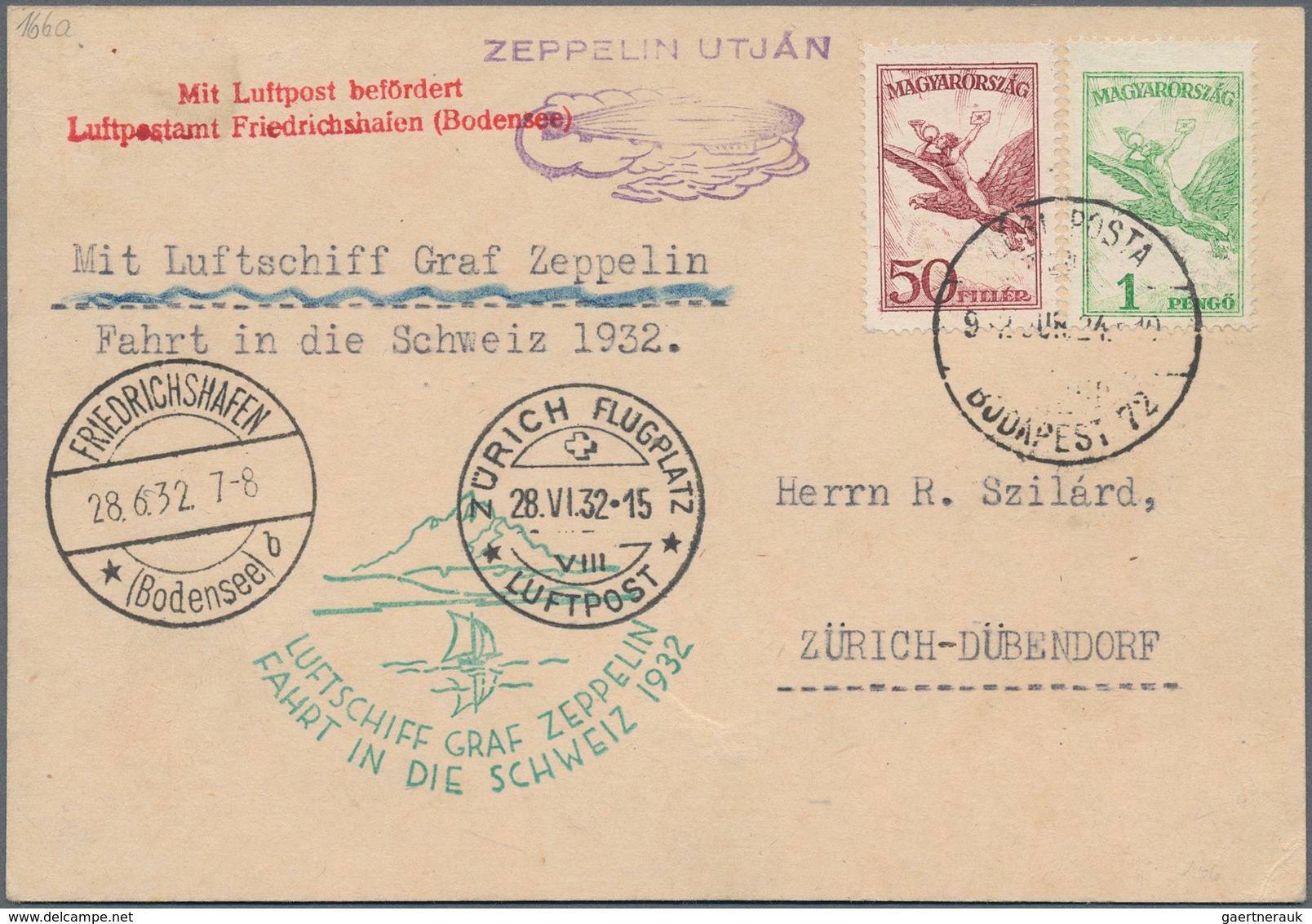 Zeppelinpost Europa: 1932, UNGARN/SCHWEIZFAHRT: Abwurfkarte ZÜRICH, Mi 435+468, MLb-L2 FHFN. - Andere-Europa