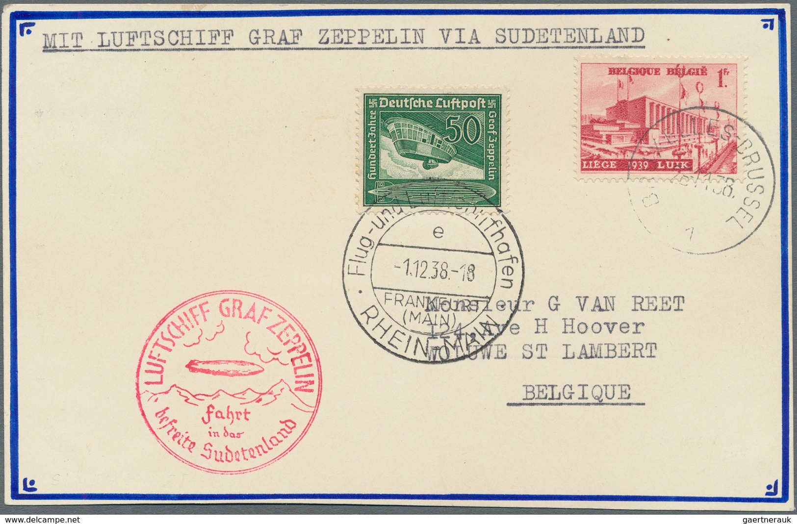 Zeppelinpost Europa: 1938, Sudetenland Trip, Belgian Mail, Card From "BRUXELLES 28.11.38" Bearing 1f - Andere-Europa