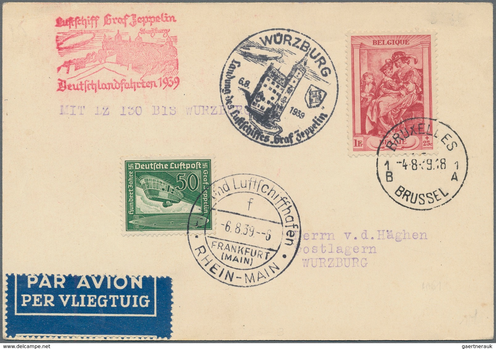 Zeppelinpost Europa: 1939, Trip To Würzburg, Belgian Mail, Card From "BRUXELLES 4.8.39" Bearing 1fr. - Andere-Europa