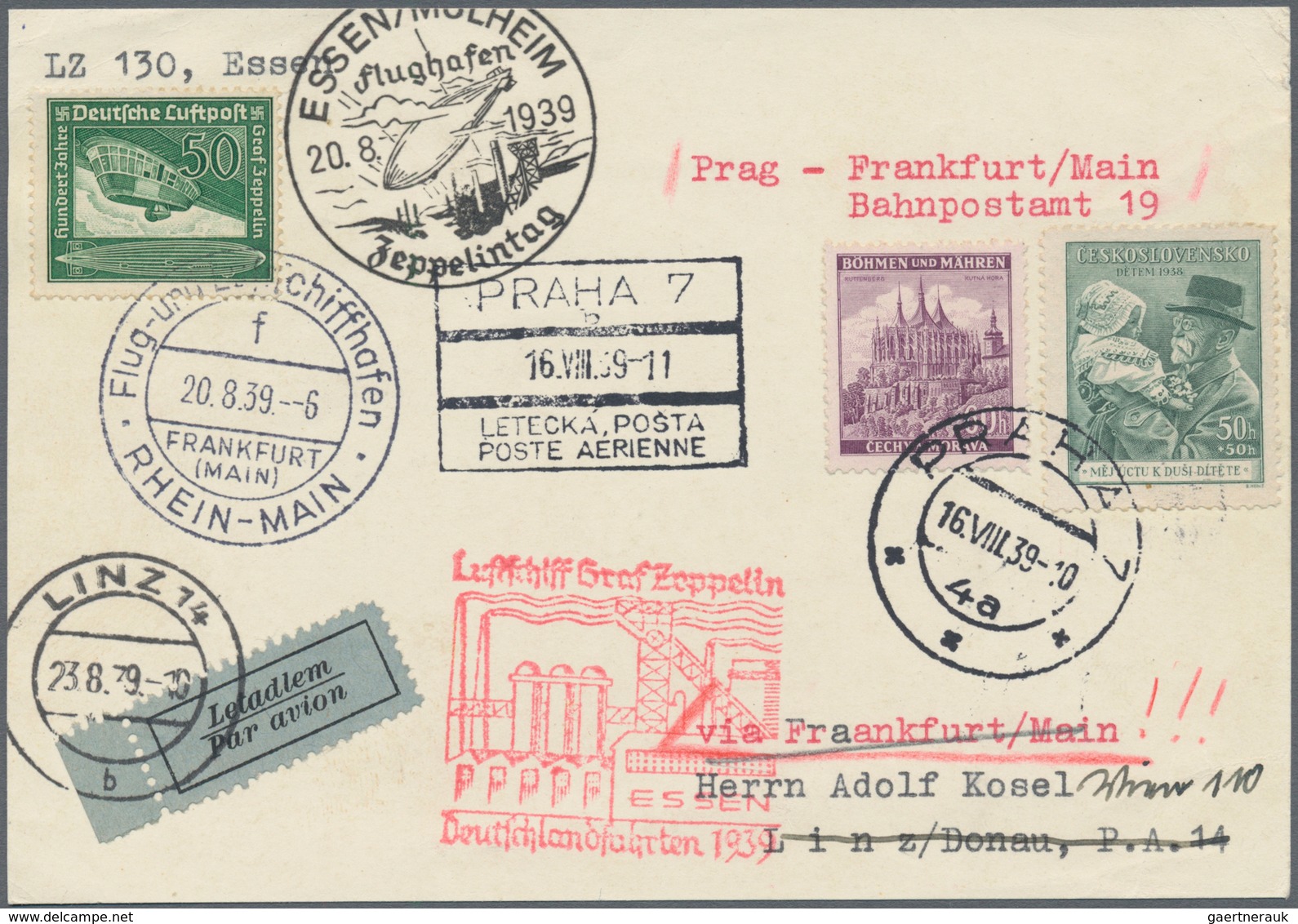 Zeppelinpost Europa: 1939, Airmail Card From PRAGUE, Connection Mail To Zeppelin Germany Tour To Ess - Andere-Europa