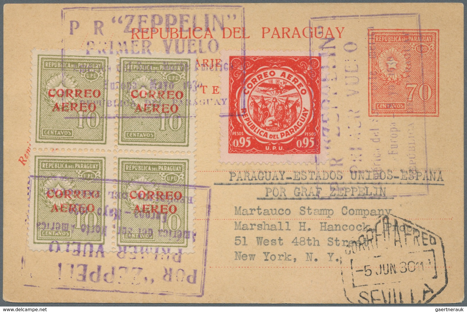 Zeppelinpost Übersee: 1930. Rare Card From Paraguay, With Provisional Zeppelin Cancels For The Südam - Zeppelins