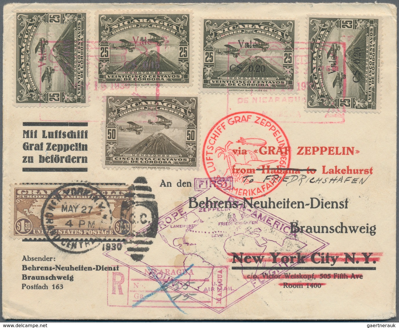 Zeppelinpost Übersee: 1930. Very Rare Double-franked Card From Nicaragua, Carrying The Called-for Ad - Zeppelins