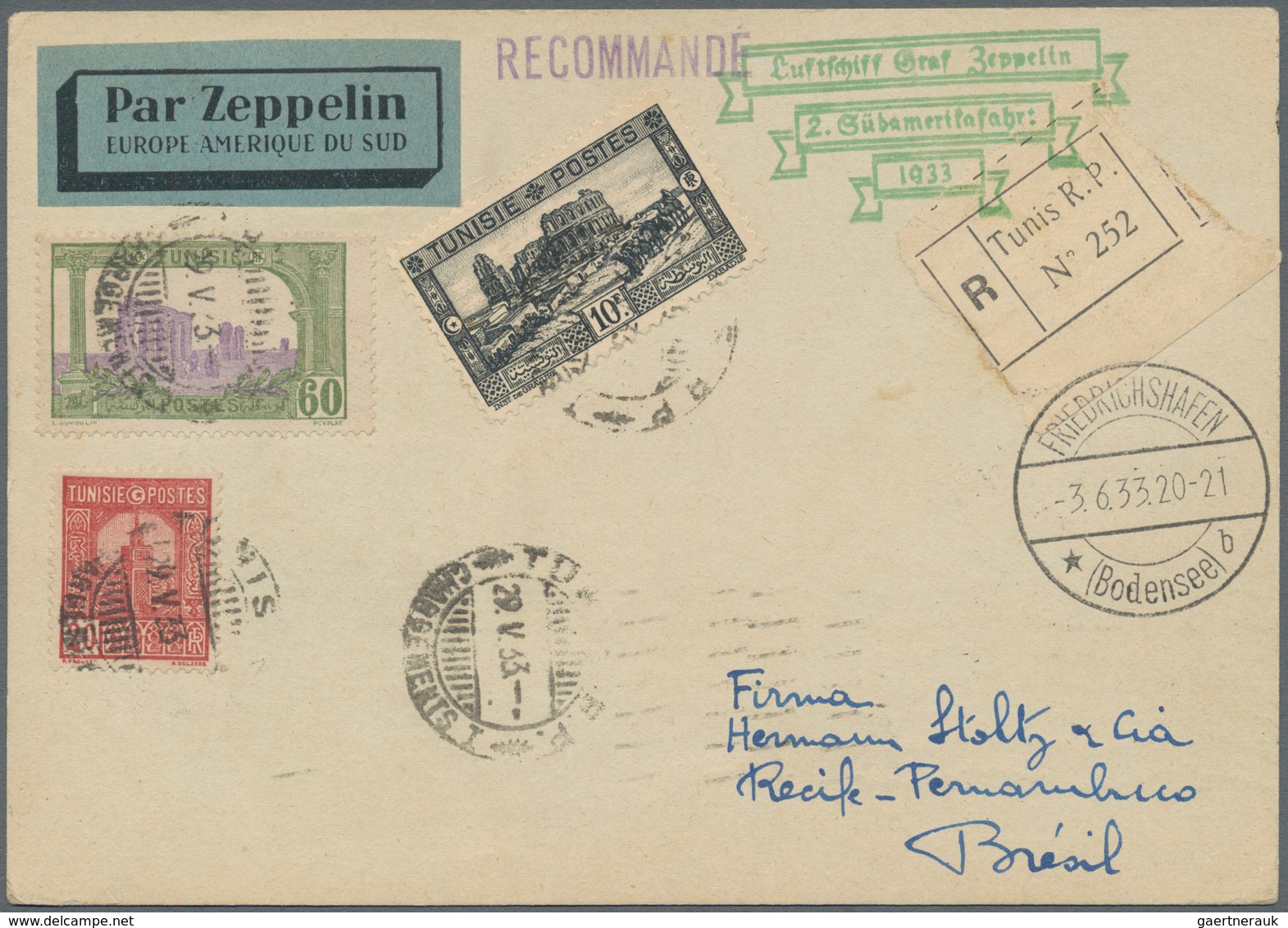 Zeppelinpost Übersee: 1933. Registered Tunisie / Tunis Postcard Routed Through Marseille And Paris T - Zeppelins