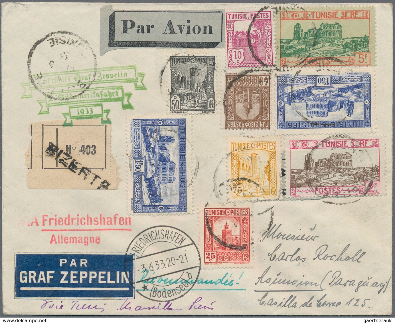 Zeppelinpost Übersee: 1933, TUNESIEN/2. Südamerikafahrt: Spitzen-Vertragsstaatenbrief (9-Marken-Bunt - Zeppelins