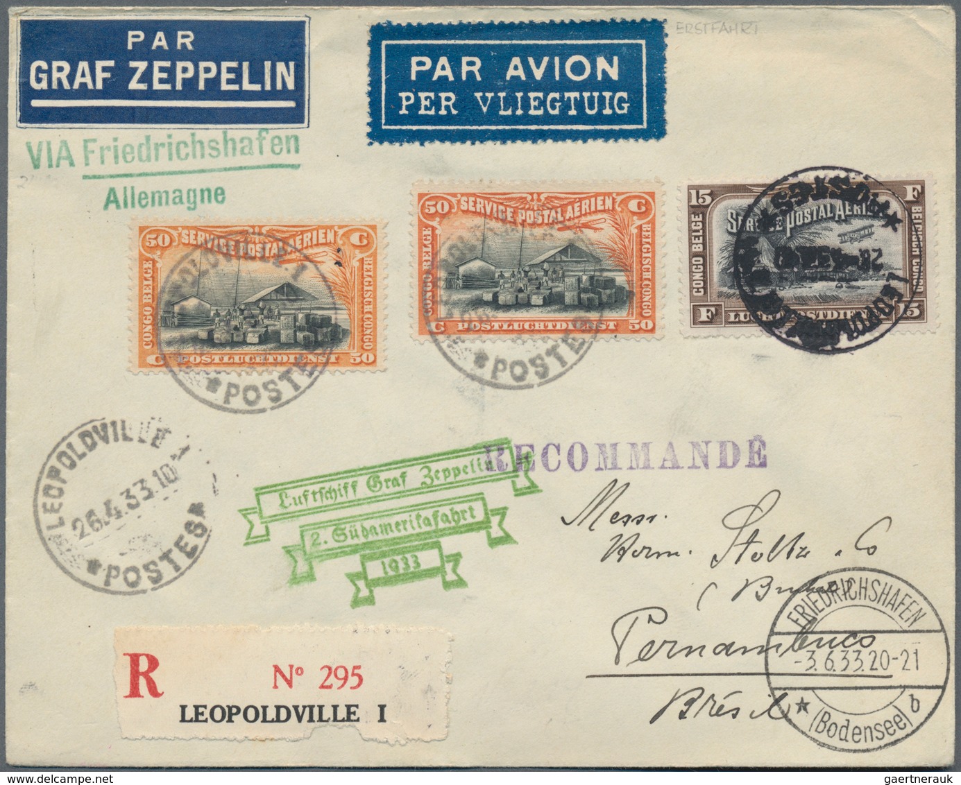 Zeppelinpost Übersee: 1933, 2 SÜDAMERIKAFAHRT/BELGISCH KONGO, Contractstates Cover From LEOPOLDVILLE - Zeppelins