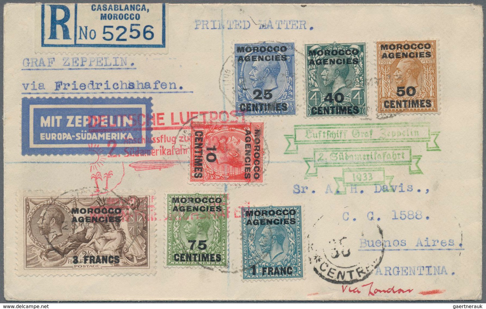 Zeppelinpost Übersee: 1933, 2. Südamerikafahrt, R-Brief Ab Casablanca 25.5. Mit U.a. 1 Franc Seahors - Zeppelins