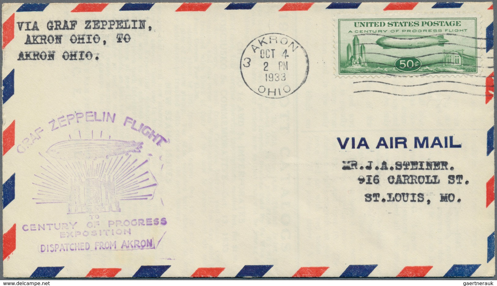 Zeppelinpost Übersee: 1933, LZ 127 Graf Zeppelin Flight Akron-Akron, Single Franking 50 C Green (Sco - Zeppeline