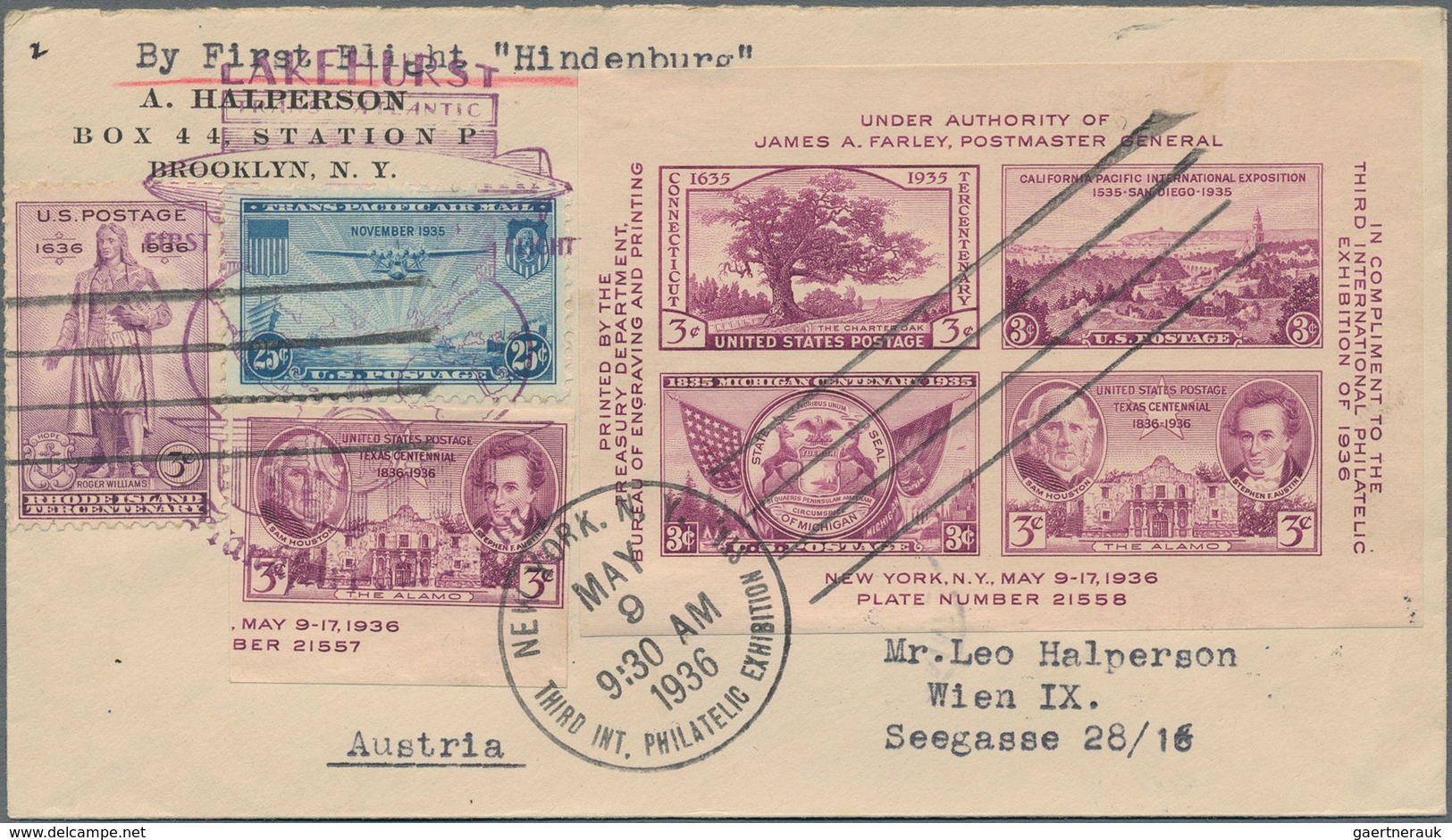 Zeppelinpost Übersee: 1936, 1st North America Trip, U.S. Mail, Cover Bearing Tipex Souvenir Sheet Fr - Zeppelins