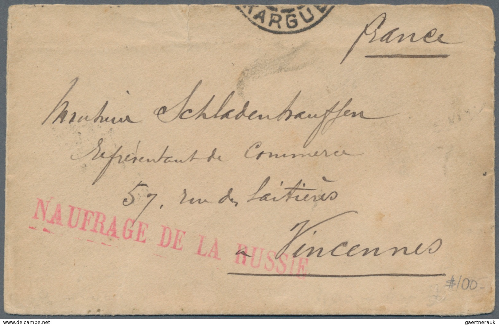 Katastrophenpost: 1902. Red L1 "NAUFRAGE DE LA RUSSIE" (Shipwreck Of The Russie) On Small Stampless - Andere & Zonder Classificatie