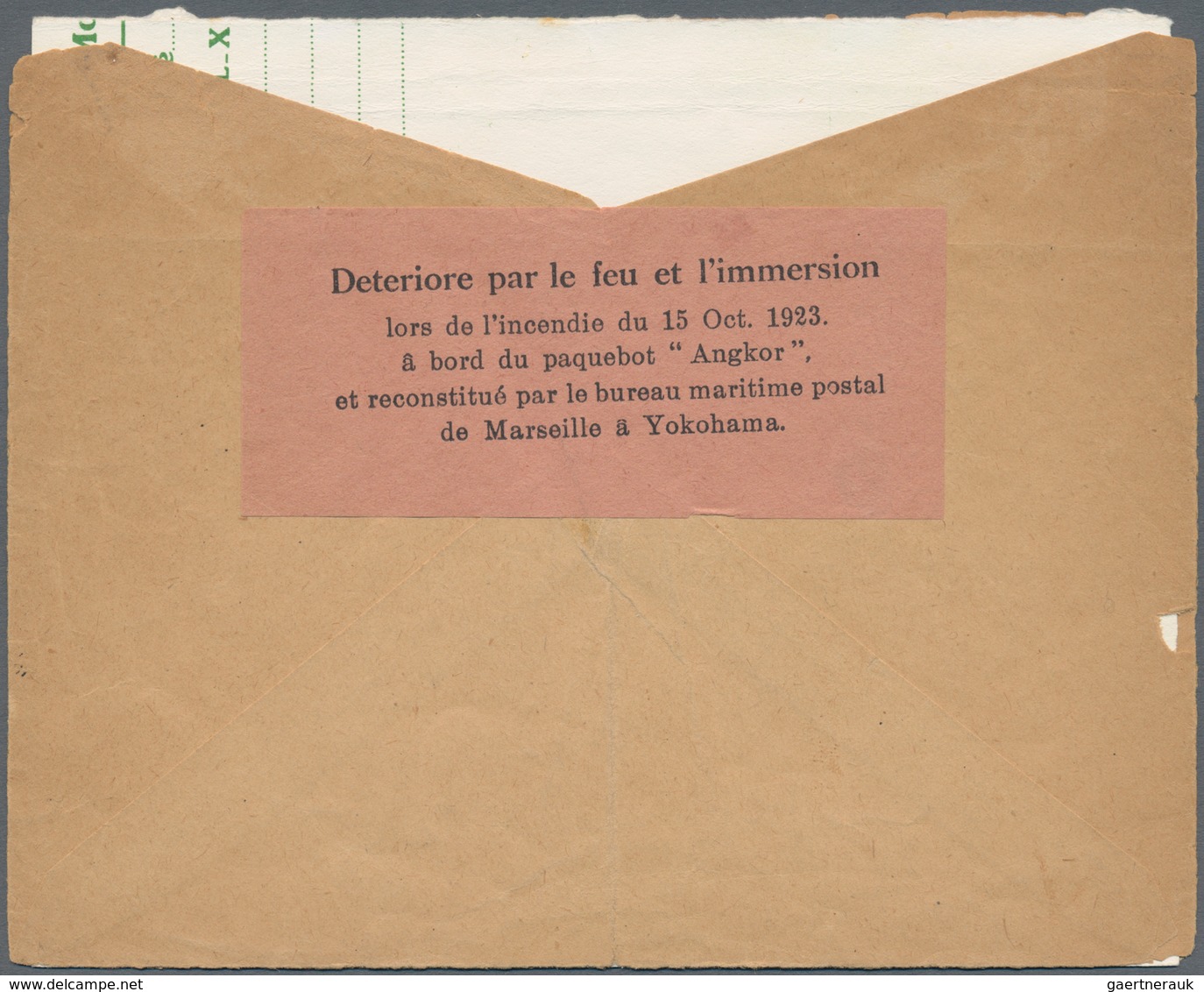 Katastrophenpost: 1923, Fire Aboard French MM Mail Ship Angkor: Pink Label "Deteriore Par Le Feu Et - Other & Unclassified