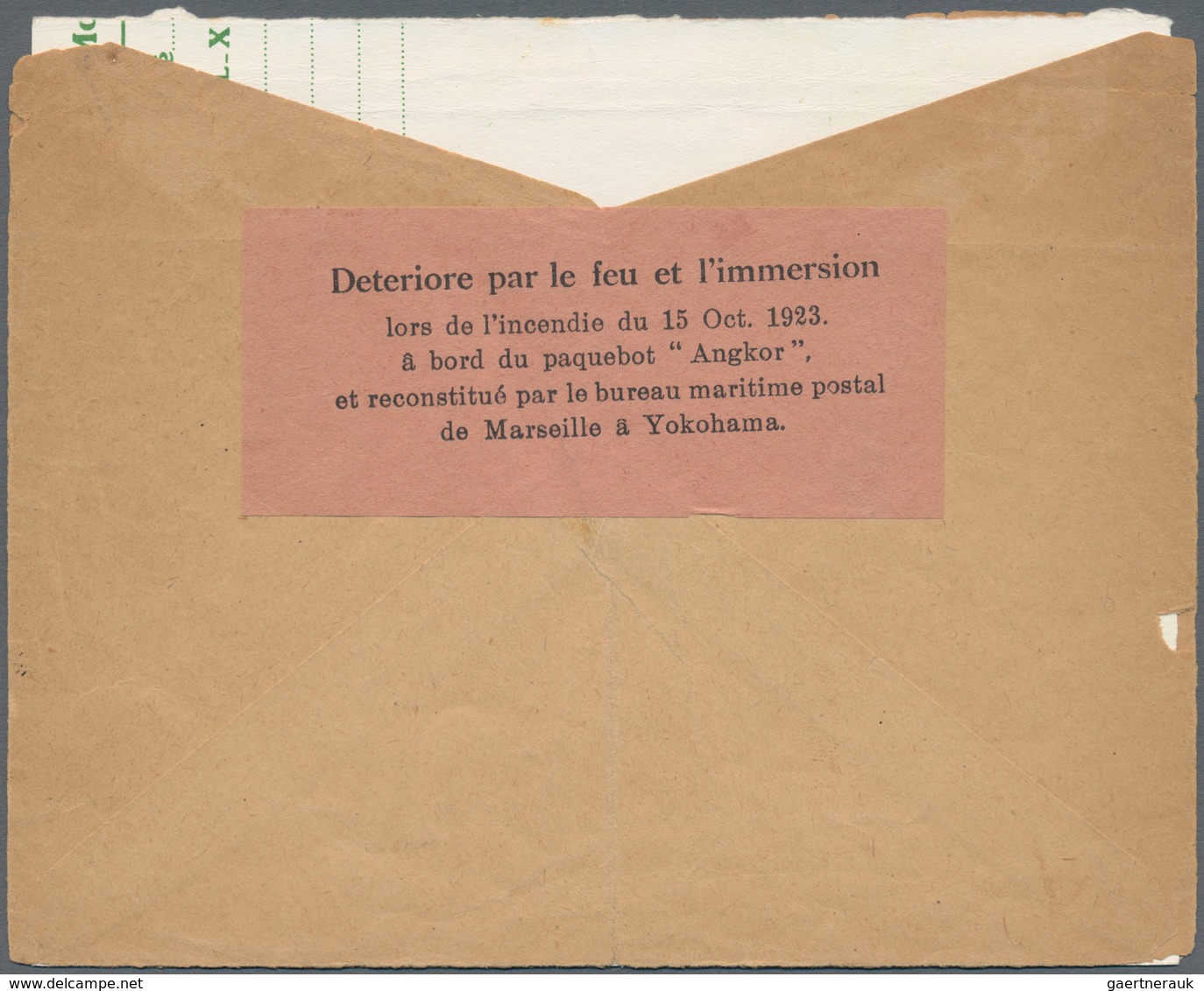 Katastrophenpost: 1923, Fire Aboard French MM Mail Ship Angkor: Pink Label "Deteriore Par Le Feu Et - Andere & Zonder Classificatie