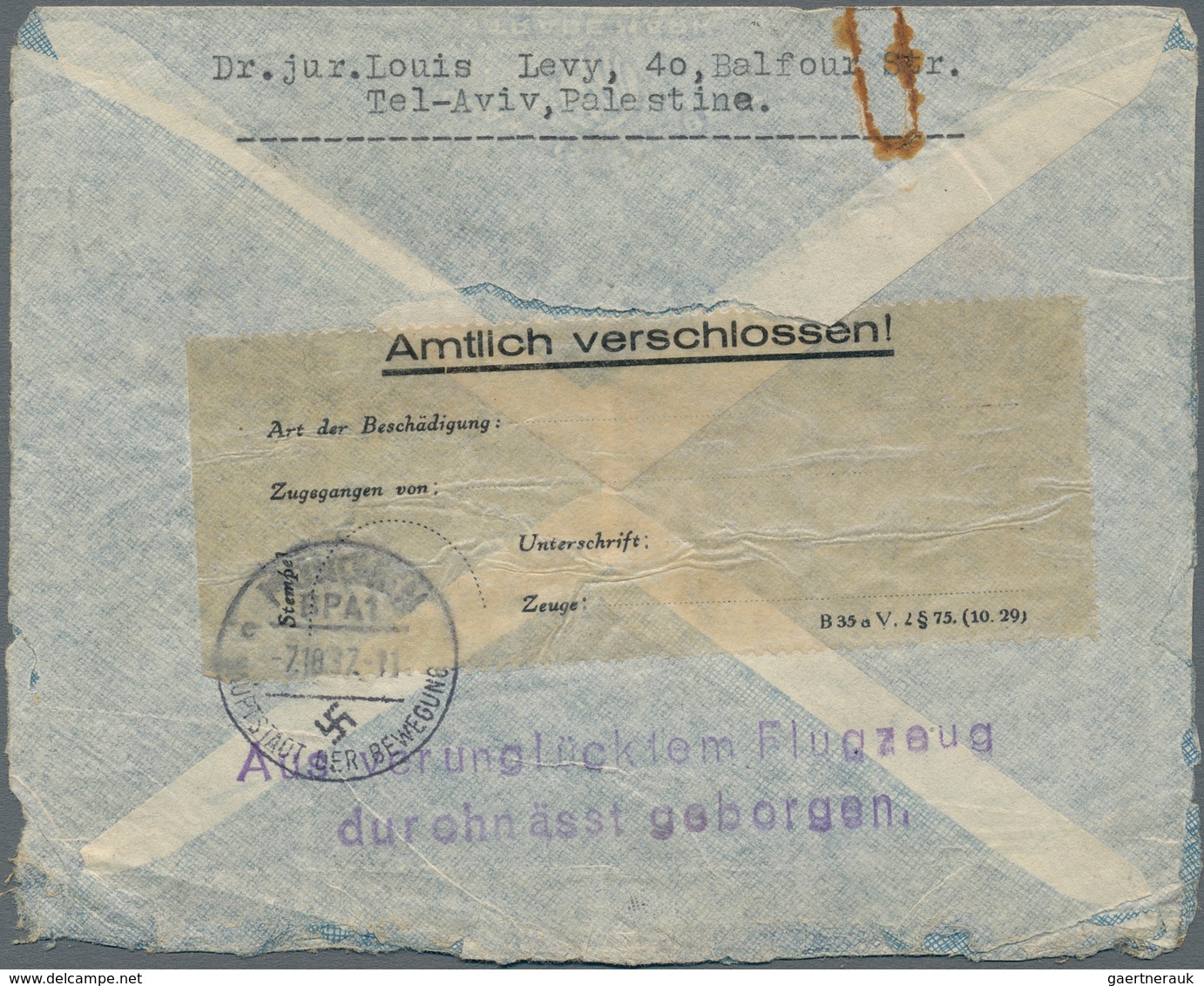 Katastrophenpost: 1937, Imperial Airways: Palestine, 2 X 5 M And 15 M Definitives, Mixed Franking On - Other & Unclassified