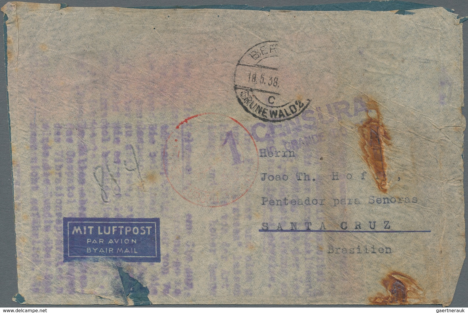 Katastrophenpost: GERMANY: 1938, Airmail Letter From BERLIN To SANTA CRUZ/Brazil With A Green Shutte - Andere & Zonder Classificatie