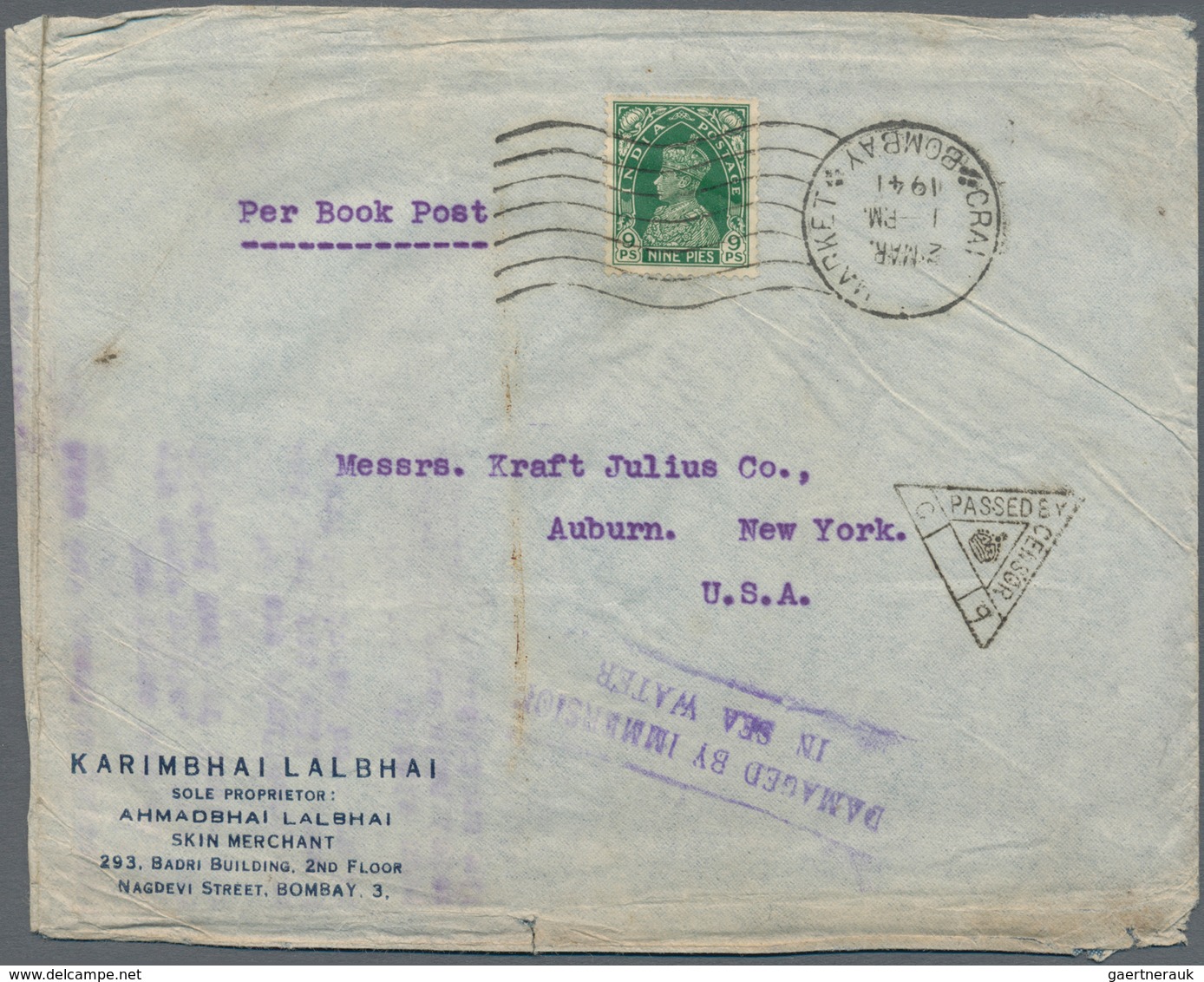 Katastrophenpost: 1941, Boxed "DAMAGED BY IMMERSION / IN SEA WATER" On Soiled Cover W. India KGVI 9 - Other & Unclassified