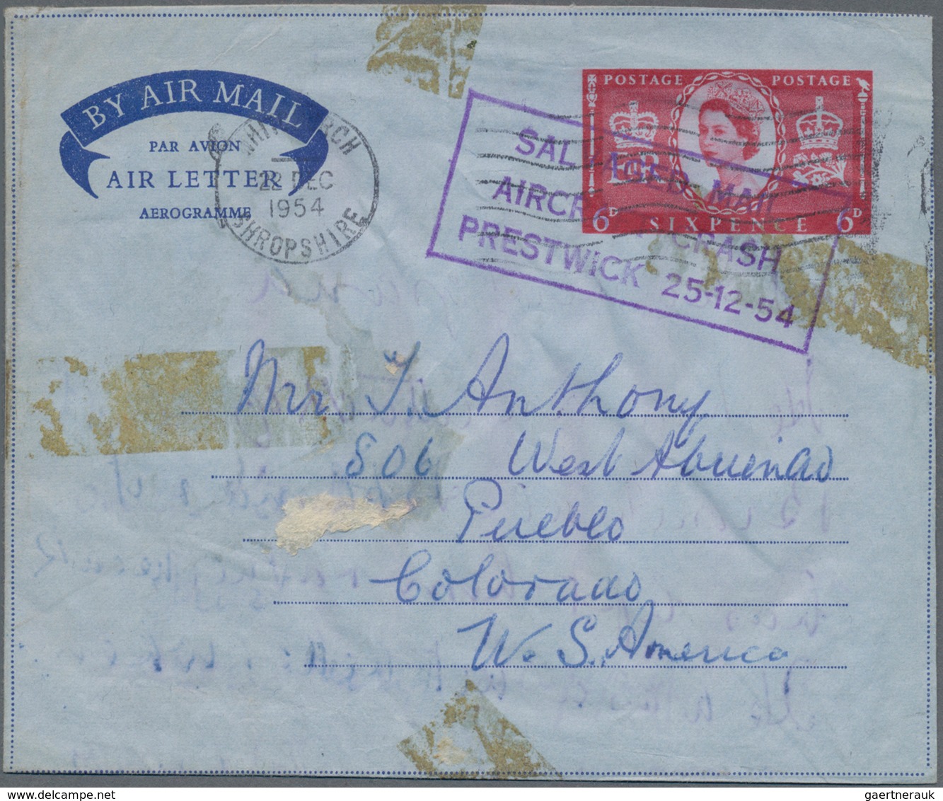 Katastrophenpost: 1954 CRASHMAIL Commercially Used Aerogram 6d Red Queen Elisabeth II. Sent From Eng - Andere & Zonder Classificatie