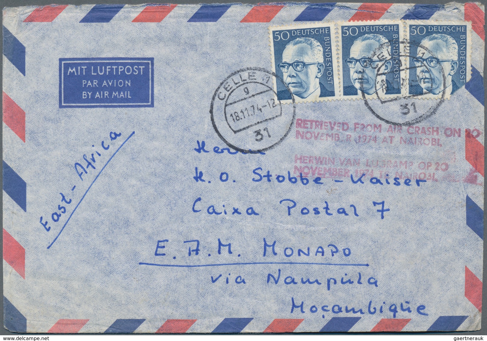 Katastrophenpost: 1974, Airmail Cover Sent From CELLE To Mocambique. With Crash Mark "RETRIEVED FROM - Andere & Zonder Classificatie