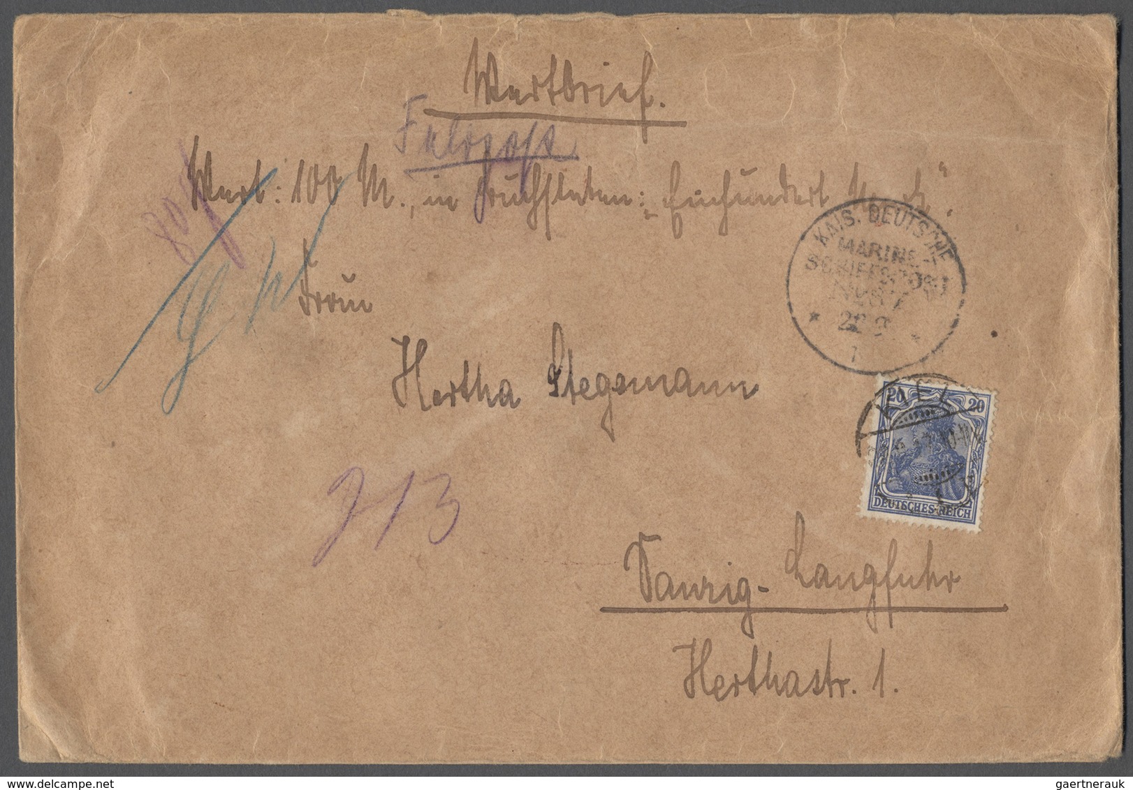 Deutsche Schiffspost - Marine: 1917, MSP-o Nr. 87 (Gr. Kurfürst) Auf Feldpost-Wertbrief M. 20 Pf. Ge - Other & Unclassified