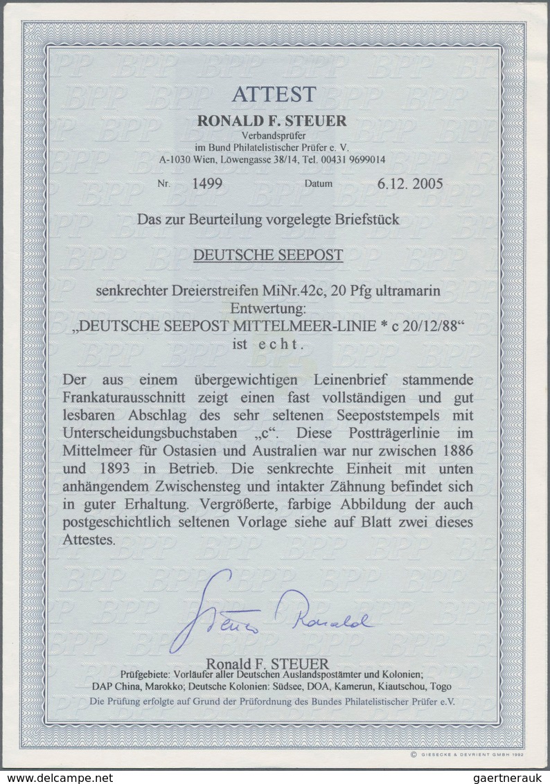 Deutsche Schiffspost Im Ausland - Seepost: 1888, 20 Pfg. Ultramarin Im Senkrechten 3er-Streifen Mit - Other & Unclassified
