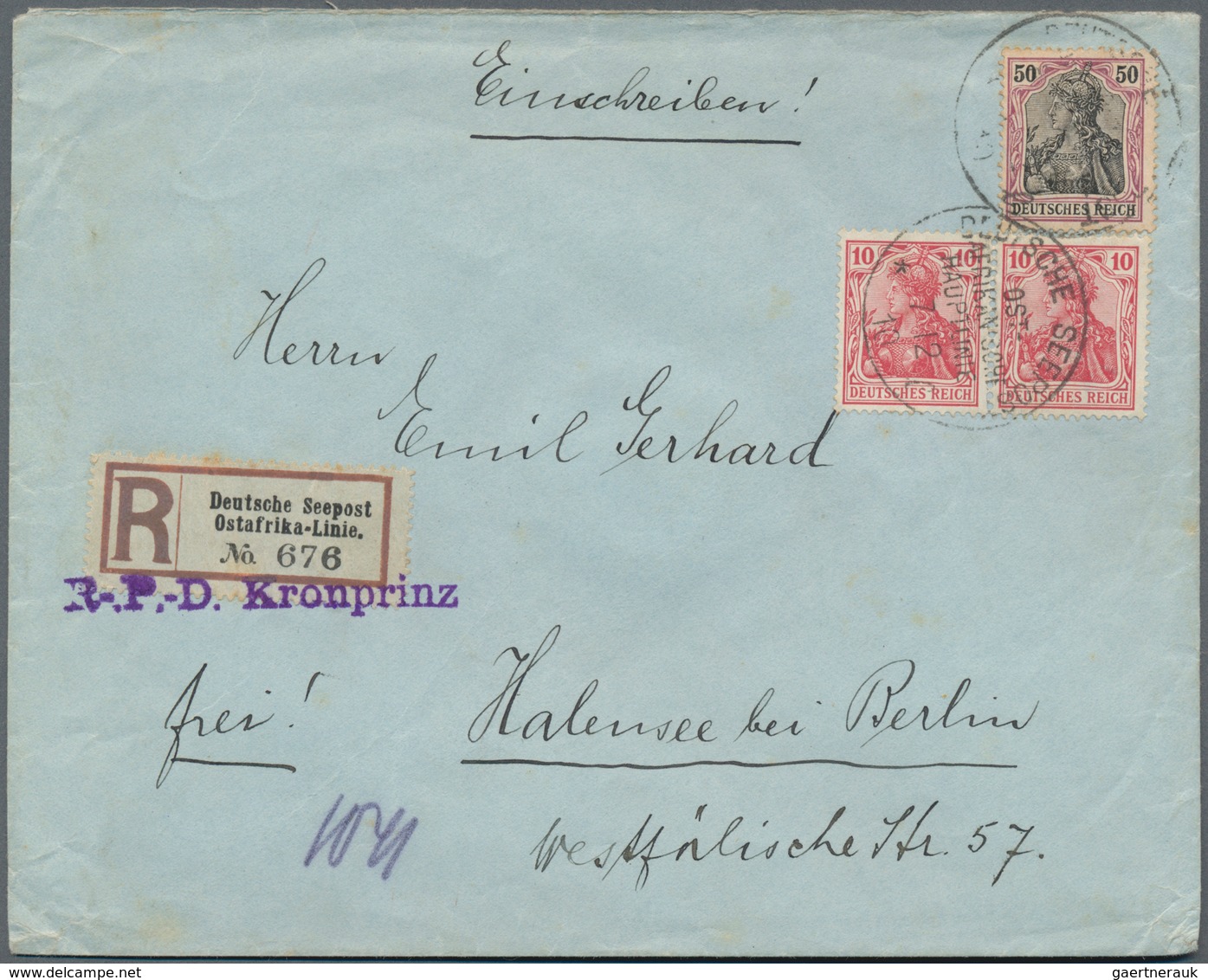 Deutsche Schiffspost Im Ausland - Seepost: 1910, 2 X 10 Pf U. 50 Pf Germania, MiF Auf Einschreibebri - Andere & Zonder Classificatie