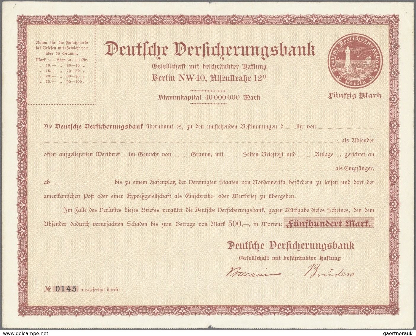 Deutsche Schiffspost - Seepostmarken: Deutsche Ozean-Reederei 1916, Wertkarte 50 Mark Lilakarmin Ohn - Other & Unclassified