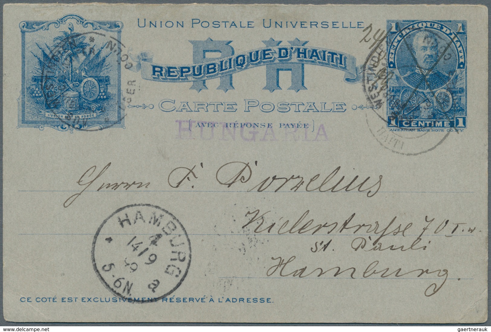 Schiffspost Alle Welt: 1899, Stationery Card 1 C. Reply Part W. Single Line "HUNGARIA" Canc. Ink. Cr - Other & Unclassified