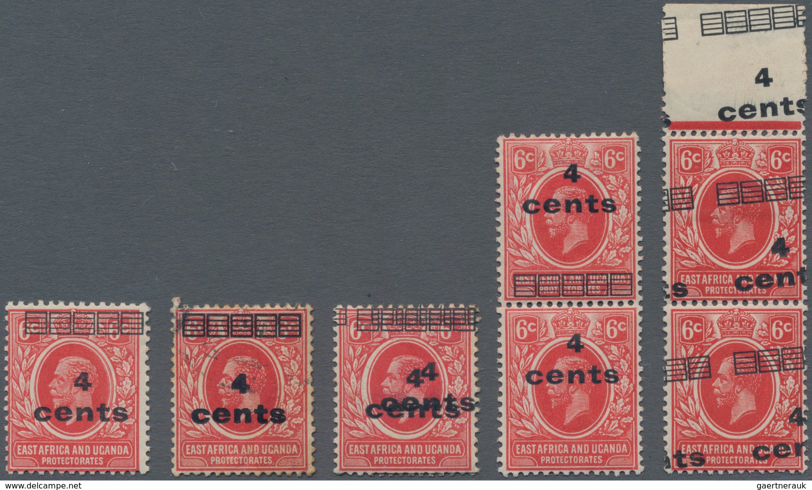 Britisch-Ostafrika Und Uganda: 1921 4c. On 6c. Scarlet, Seven Stamps (incl. Two Pairs), With Mint An - East Africa & Uganda Protectorates