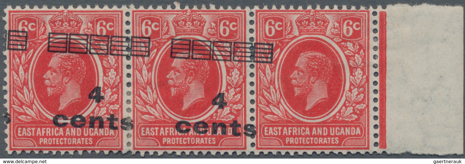Britisch-Ostafrika Und Uganda: 1921 4c. On 6c. Scarlet, Right-hand Marginal Stip Of Three, Variety " - East Africa & Uganda Protectorates