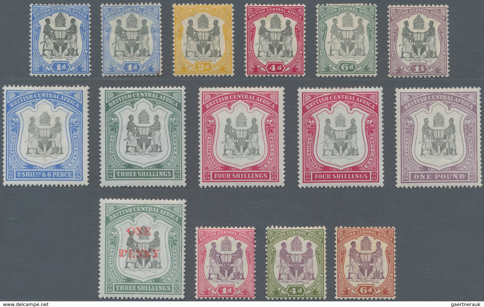 Britisch-Zentralafrika: 1897-1901 'Arms' Short Set Of Ten To 4s. (incl. Colour Shades), £1, 1897 1d. - Andere & Zonder Classificatie