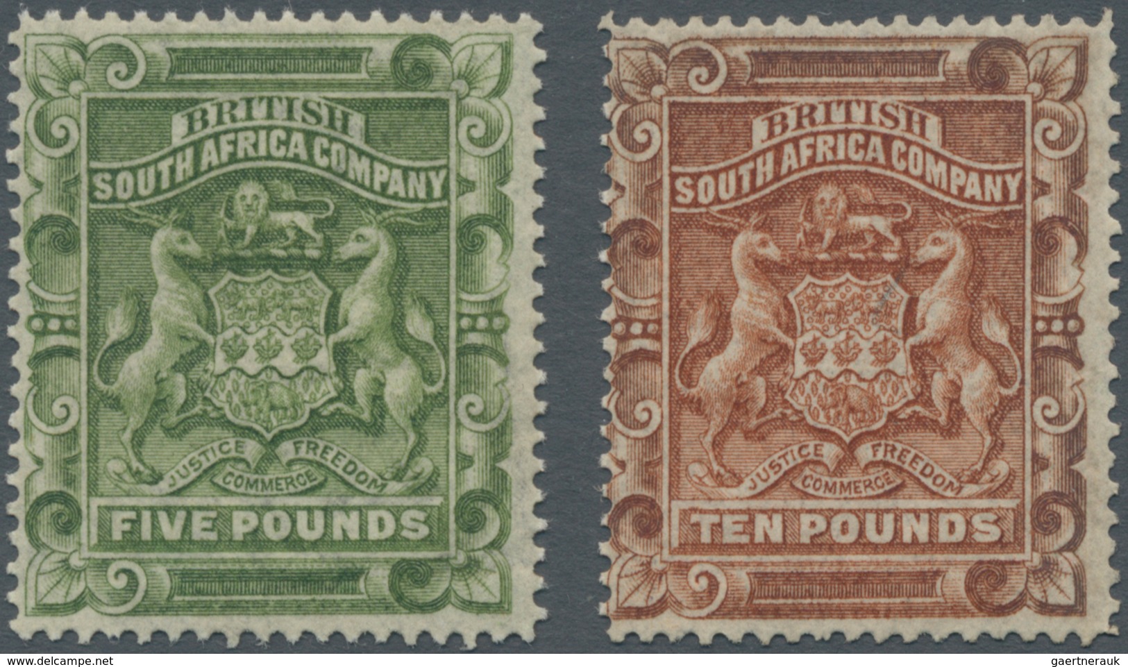 Britische Südafrika-Gesellschaft: 1892, £5 Sage-green And £10 Brown, Unused No Gum, Signed And Certi - Non Classés