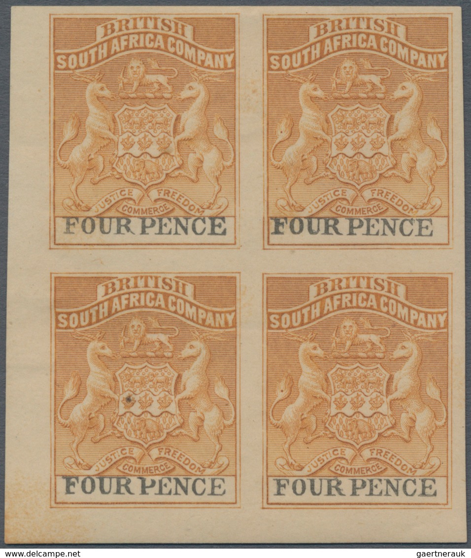 Britische Südafrika-Gesellschaft: 1895 4d. Yellow-brown & Black, IMPERFORATED BLOCK OF FOUR, Mounted - Zonder Classificatie