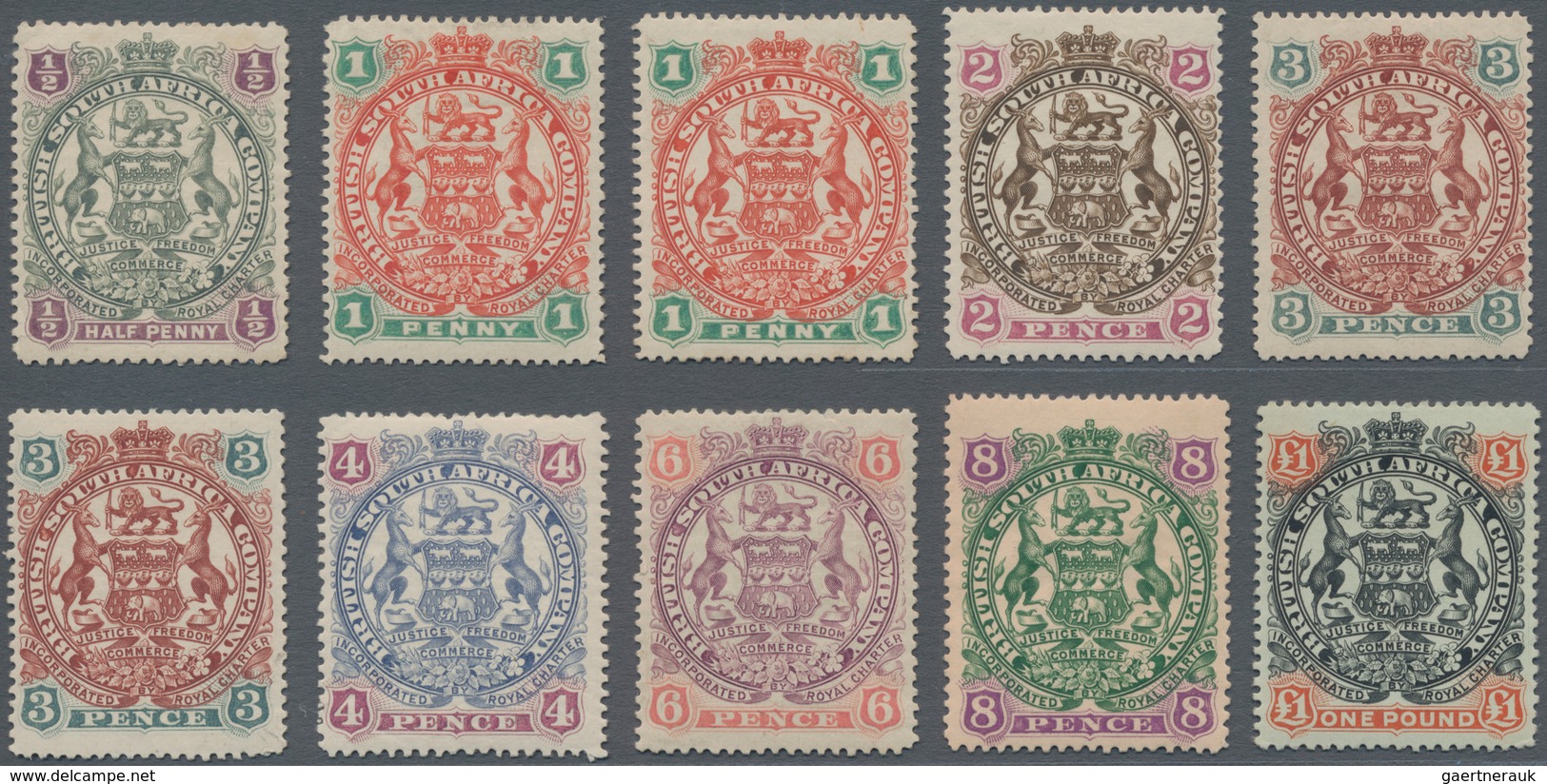 Britische Südafrika-Gesellschaft: 1897 'Coat Of Arms' Complete Set Of Eight Plus Second Singles Of 1 - Unclassified