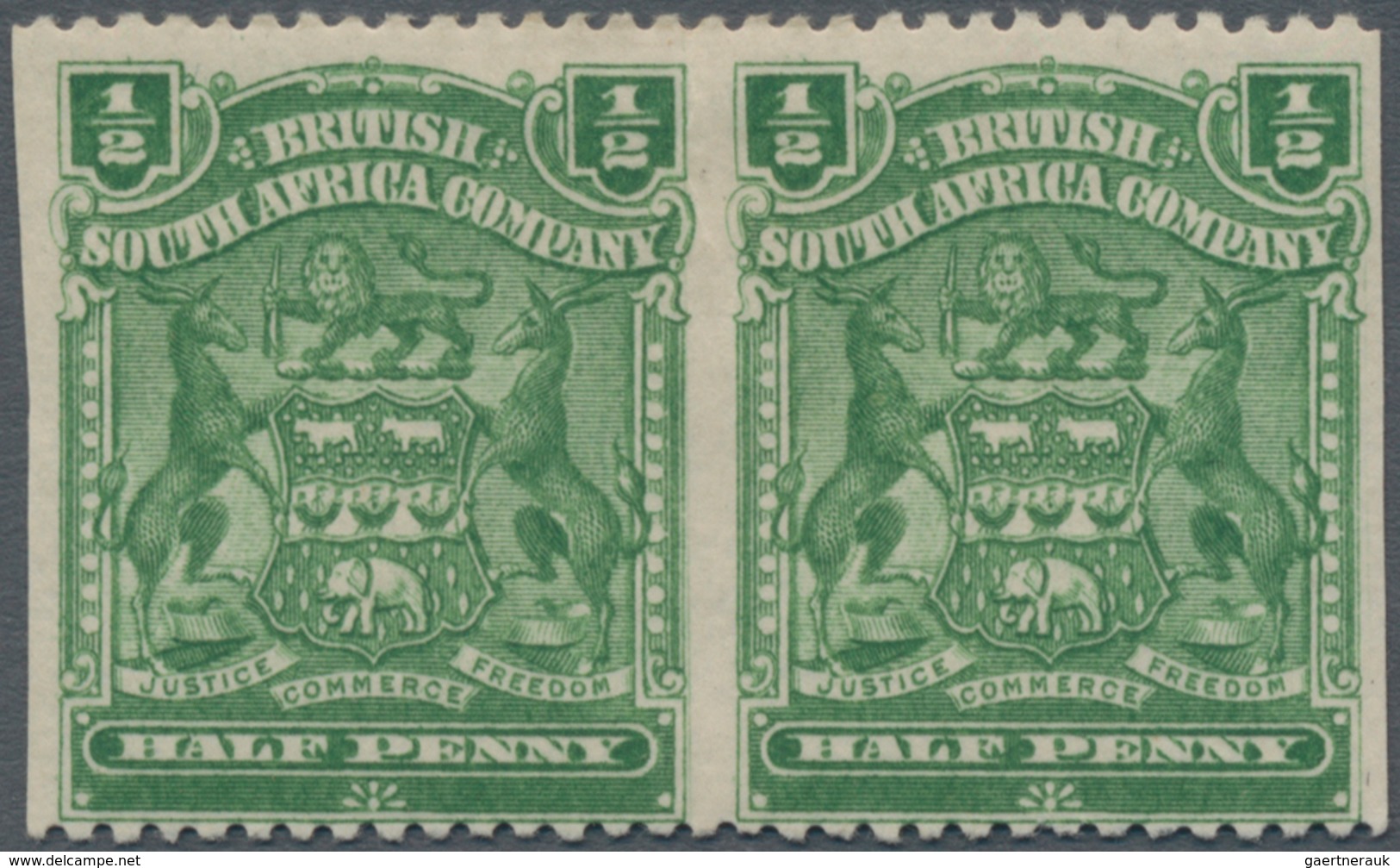 Britische Südafrika-Gesellschaft: 1898-1908 ½d. Yellow-green Horizontal Pair, Variety IMPERFORATED V - Unclassified