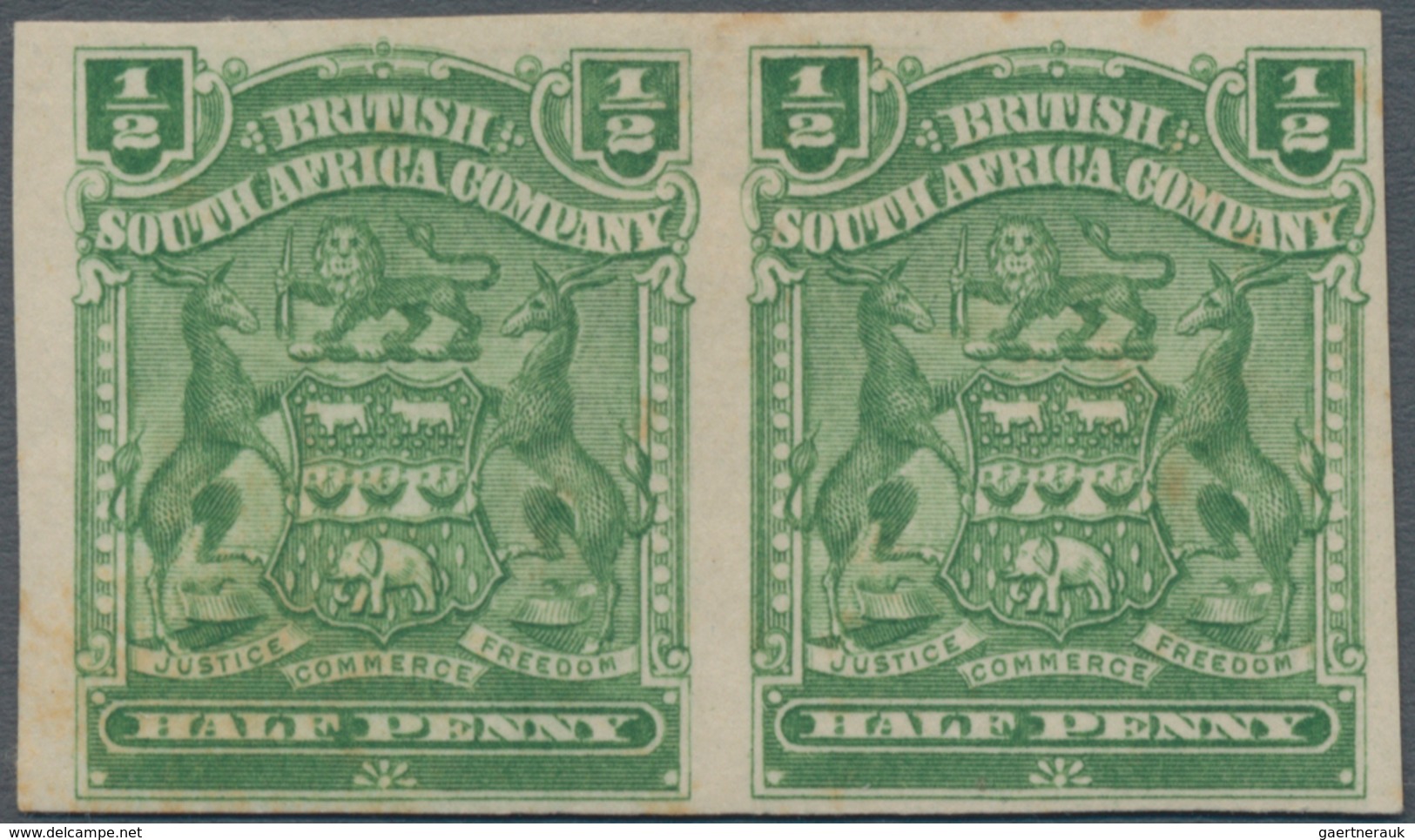 Britische Südafrika-Gesellschaft: 1898-1908 ½d. Yellow-green Horizontal Pair, Variety IMPERFORATED, - Unclassified