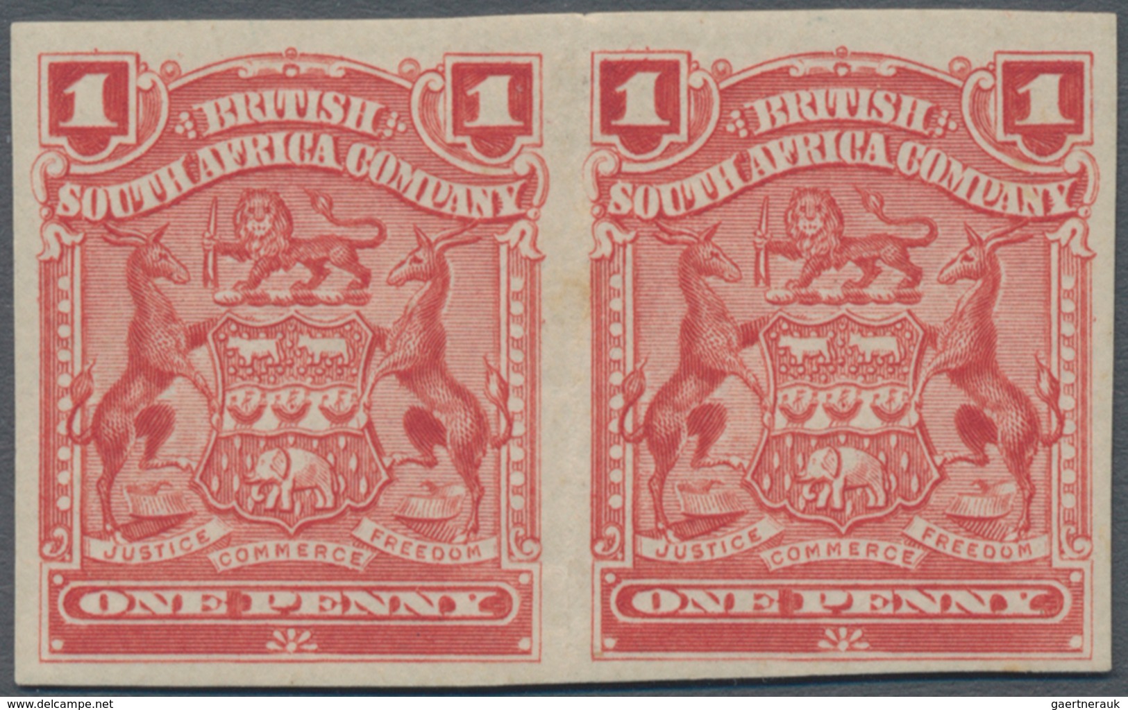 Britische Südafrika-Gesellschaft: 1898-1908 1d. Red Horizontal Pair, Variety IMPERFORATED, Mounted M - Unclassified