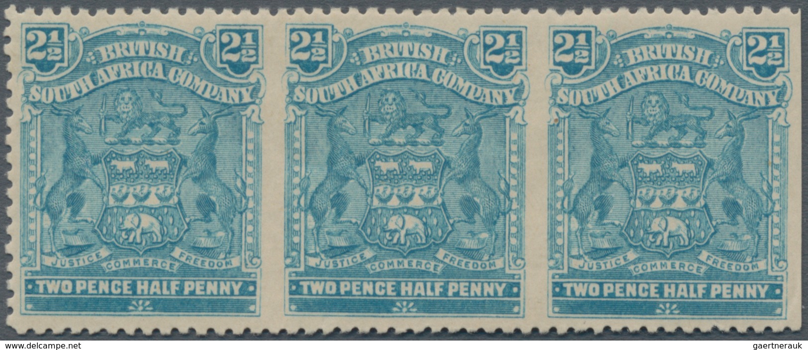 Britische Südafrika-Gesellschaft: 1898-1908 2½d. Blue Horizontal Strip Of Three, Variety IMPERFORATE - Ohne Zuordnung