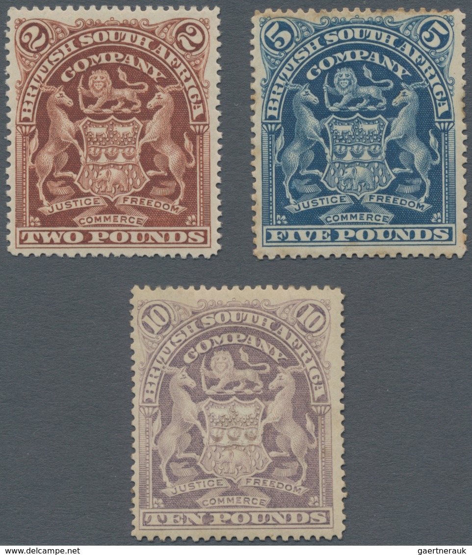 Britische Südafrika-Gesellschaft: 1898-1908 'Coat Of Arms' £2 Brown, £5 Blue And £10 Lilac, All Moun - Ohne Zuordnung