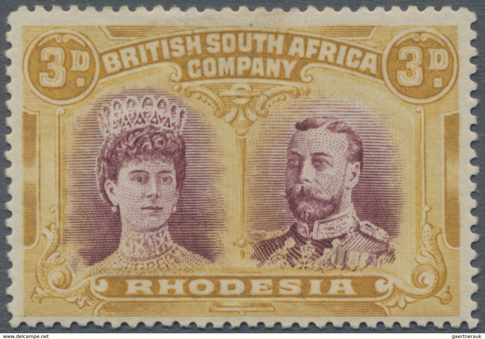 Britische Südafrika-Gesellschaft: 1910-13 'Double Head' 3d. Claret & Pale Yellow-ochre, PERFORATED 1 - Sin Clasificación