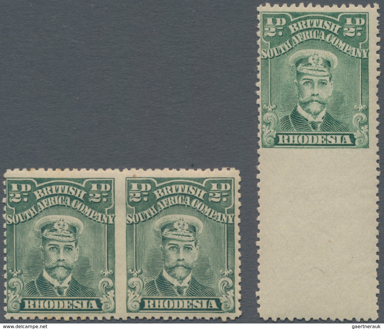 Britische Südafrika-Gesellschaft: 1913-19 KGV. ½d. Green Horizontal Pair, IMPERFORATED BETWEEN, Plus - Unclassified