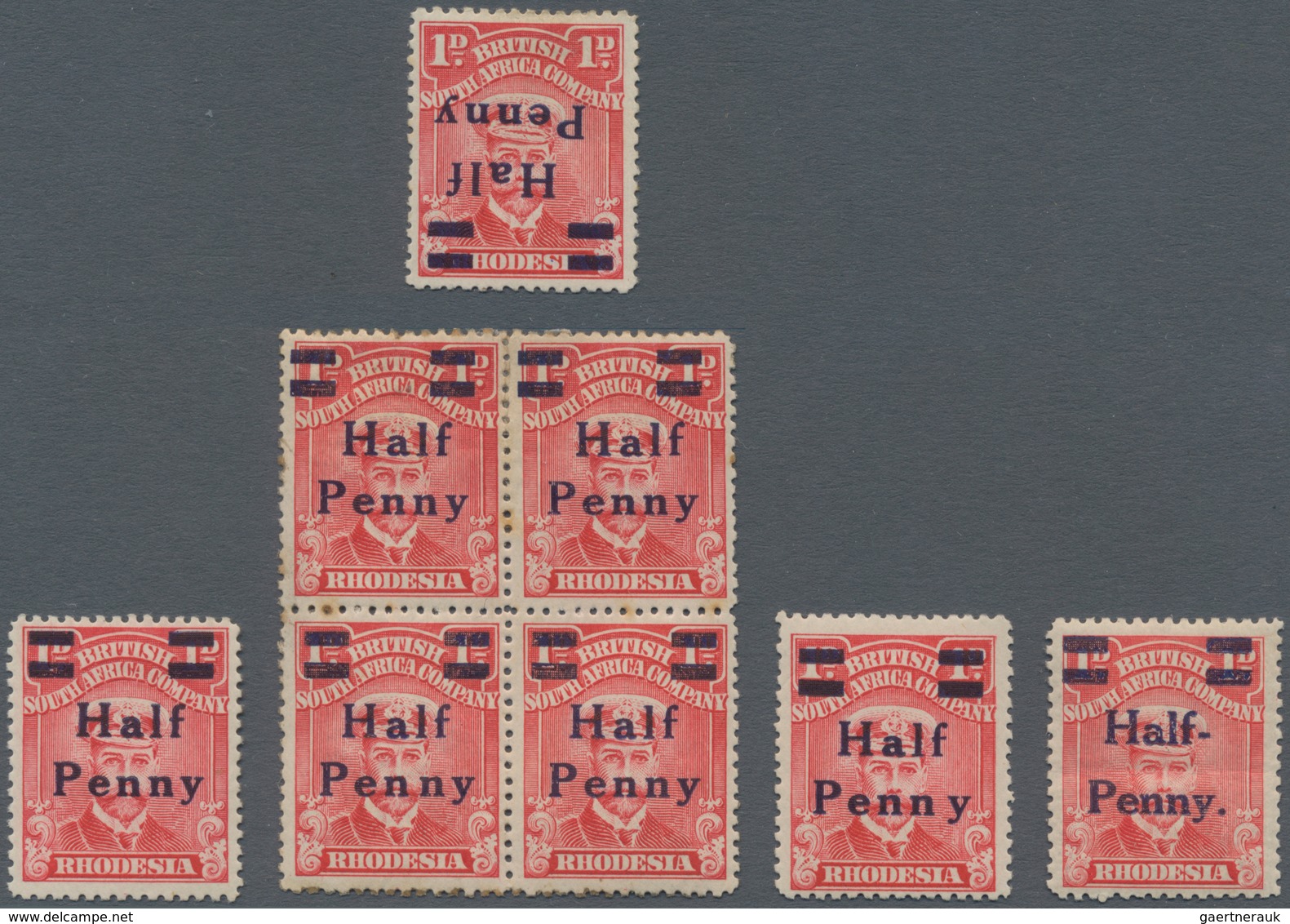 Britische Südafrika-Gesellschaft: 1917 ½d. On 1d., Eight Stamps, One With SURCHARGE INVERTED, A Norm - Zonder Classificatie