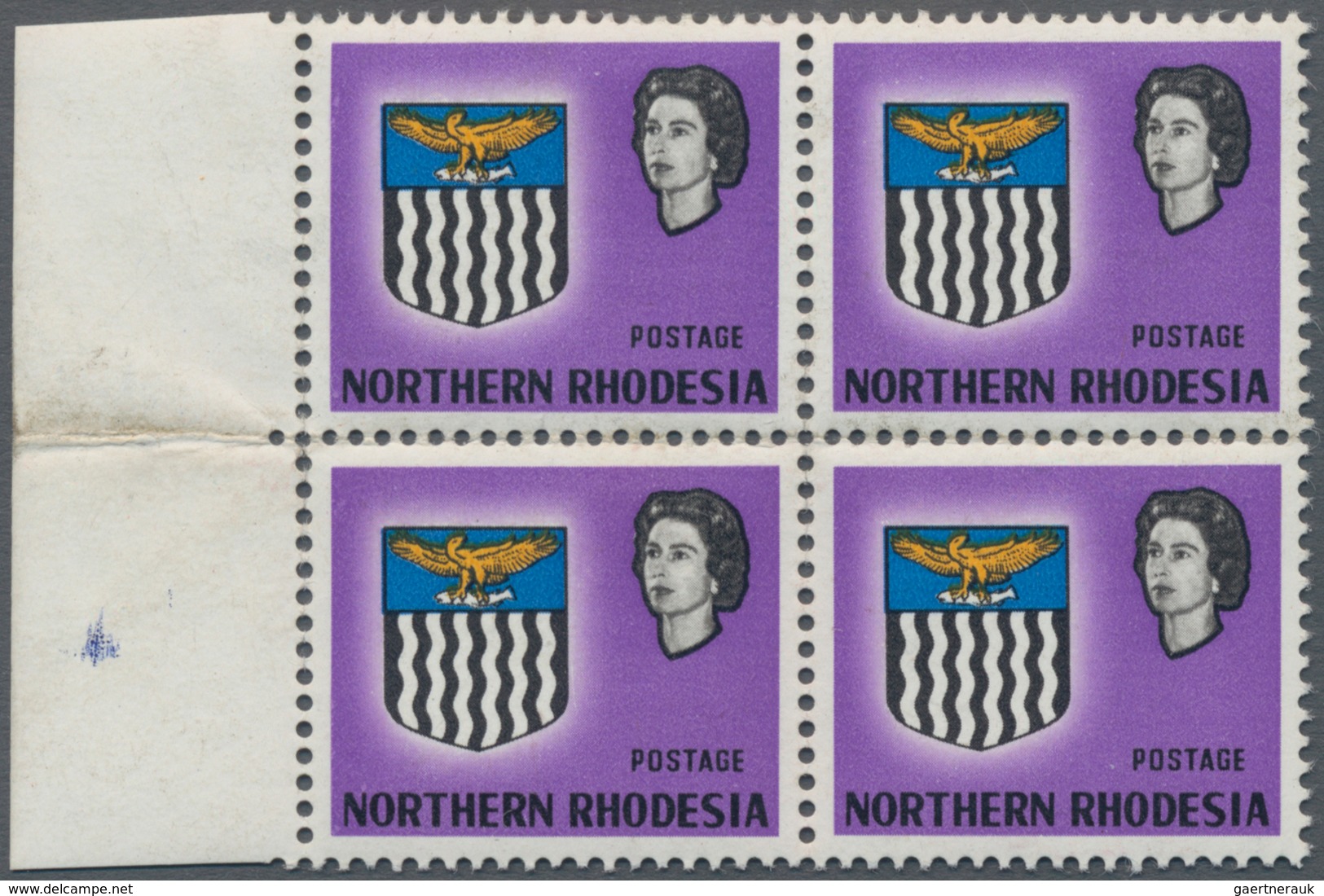 Nord-Rhodesien: 1963 'Arms' ½d. Bright Violet Left Hand Marginal Block Of Four, Variety "VALUE OMITT - Noord-Rhodesië (...-1963)