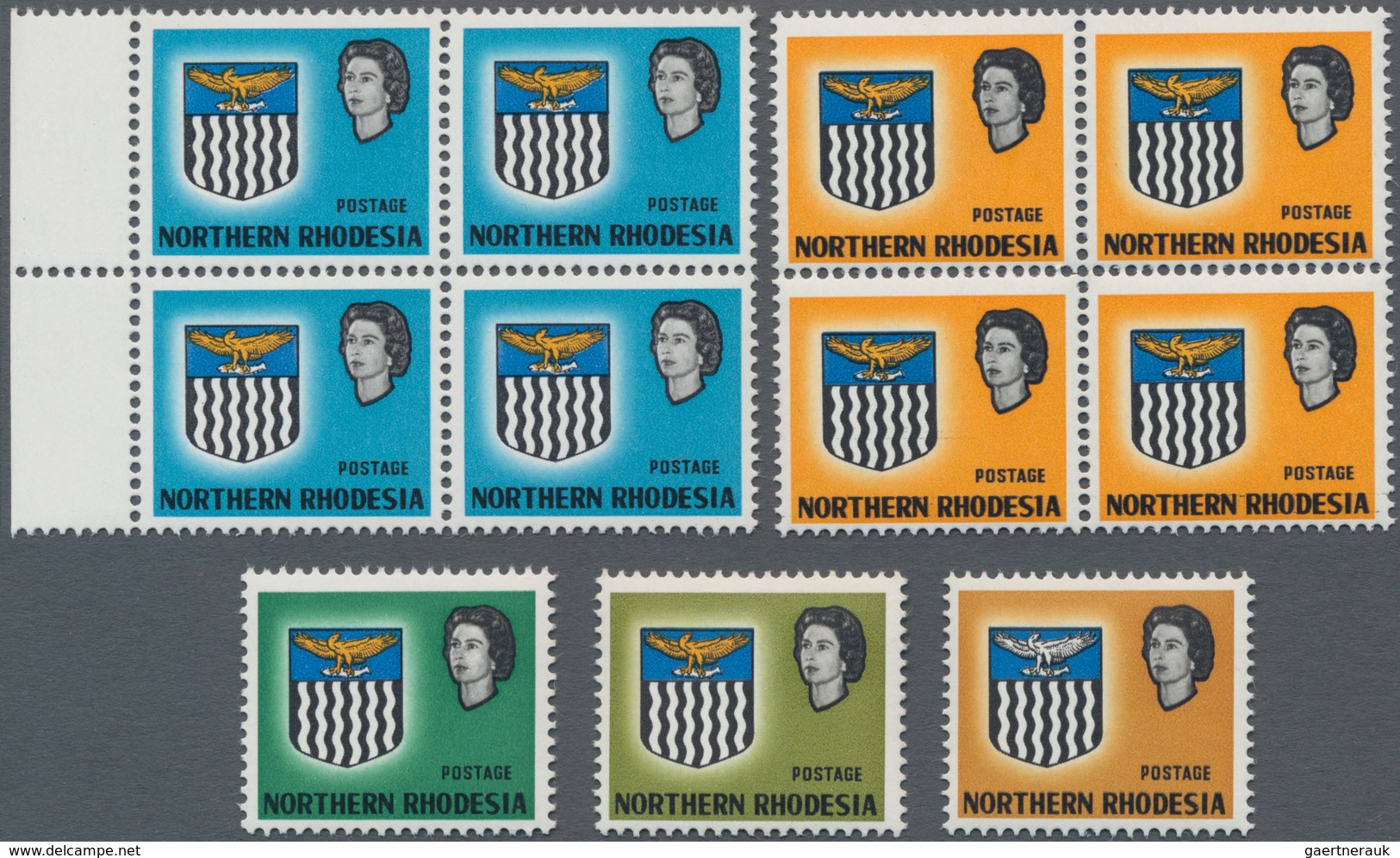 Nord-Rhodesien: 1963 'Arms': Group Of 11 Stamps Showing "VALUE OMITTED", With Blocks Of Four Of 1d. - Noord-Rhodesië (...-1963)