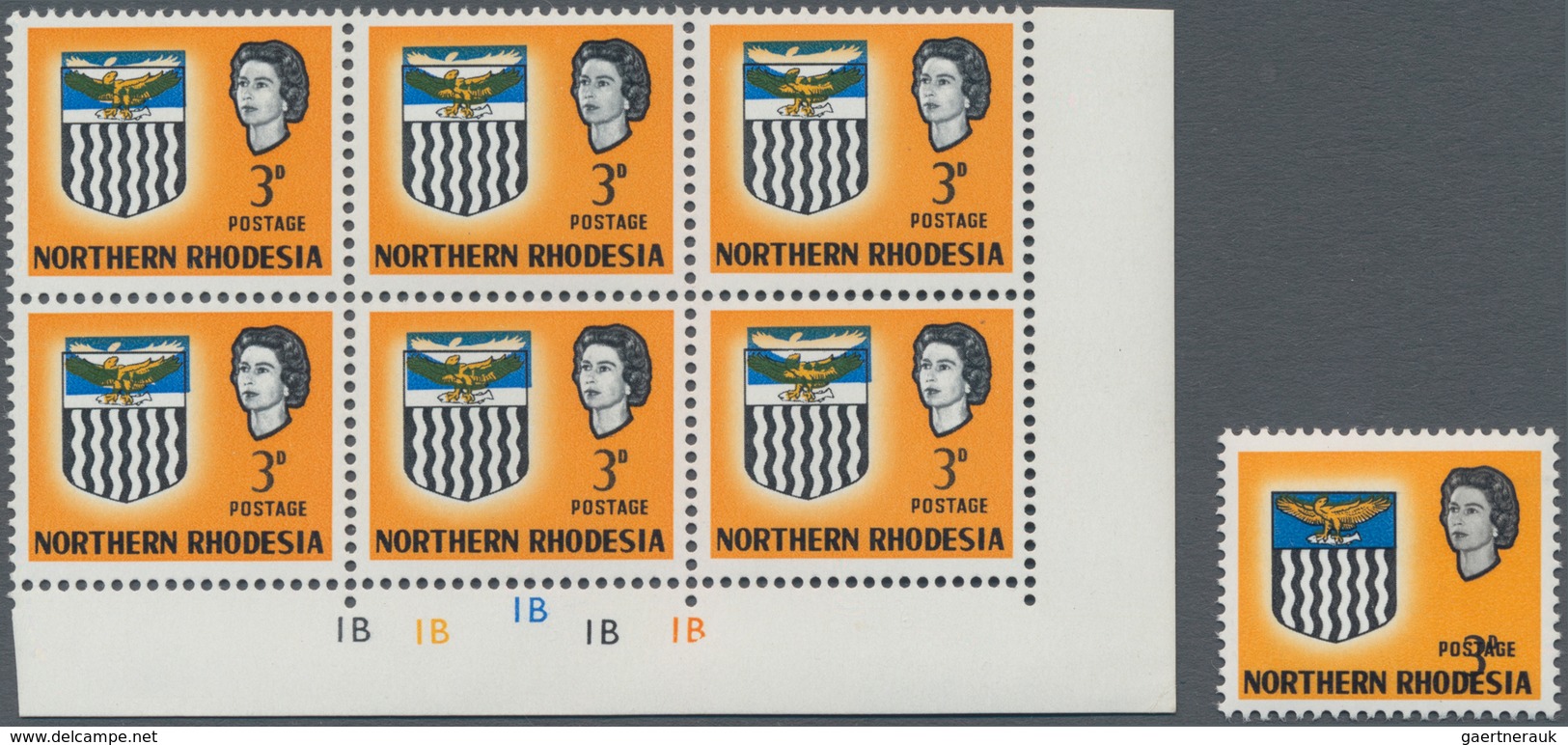 Nord-Rhodesien: 1963 'Arms' 3d. Yellow Bottom Right Corner Block Of Six With Each Stamp Showing "COL - Northern Rhodesia (...-1963)