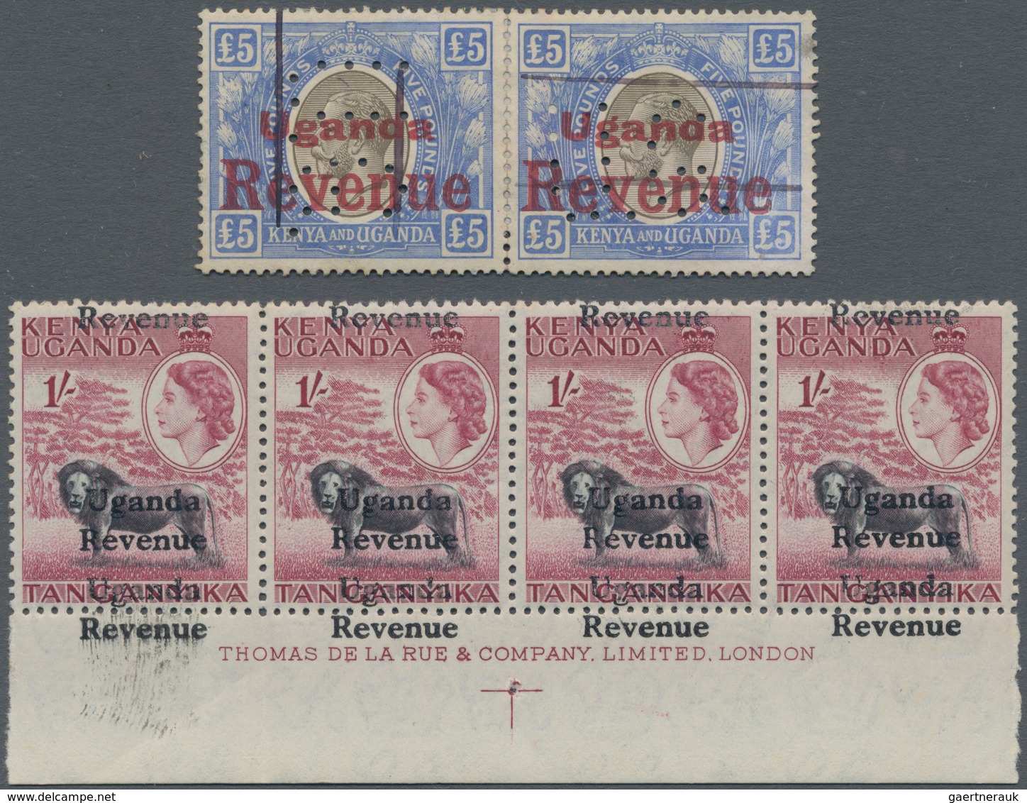 Ostafrikanische Gemeinschaft: 1922 Uganda REVENUE £5 Black & Blue (SG 99) Horizontal Pair With Red " - British East Africa