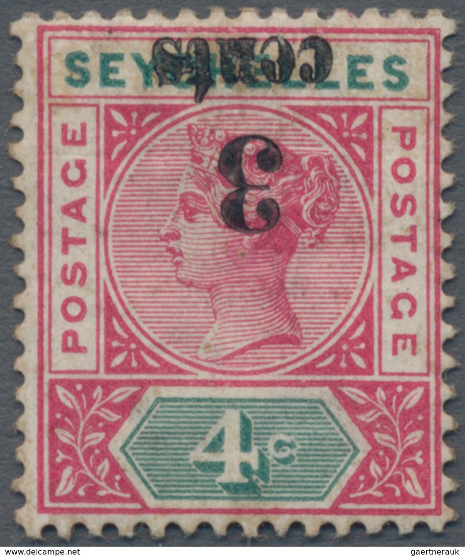 Seychellen: 1893 QV 3c. On 4c. Carmine & Green, Variety "OVERPRINT INVERTED", Mounted Mint With Part - Seychellen (...-1976)