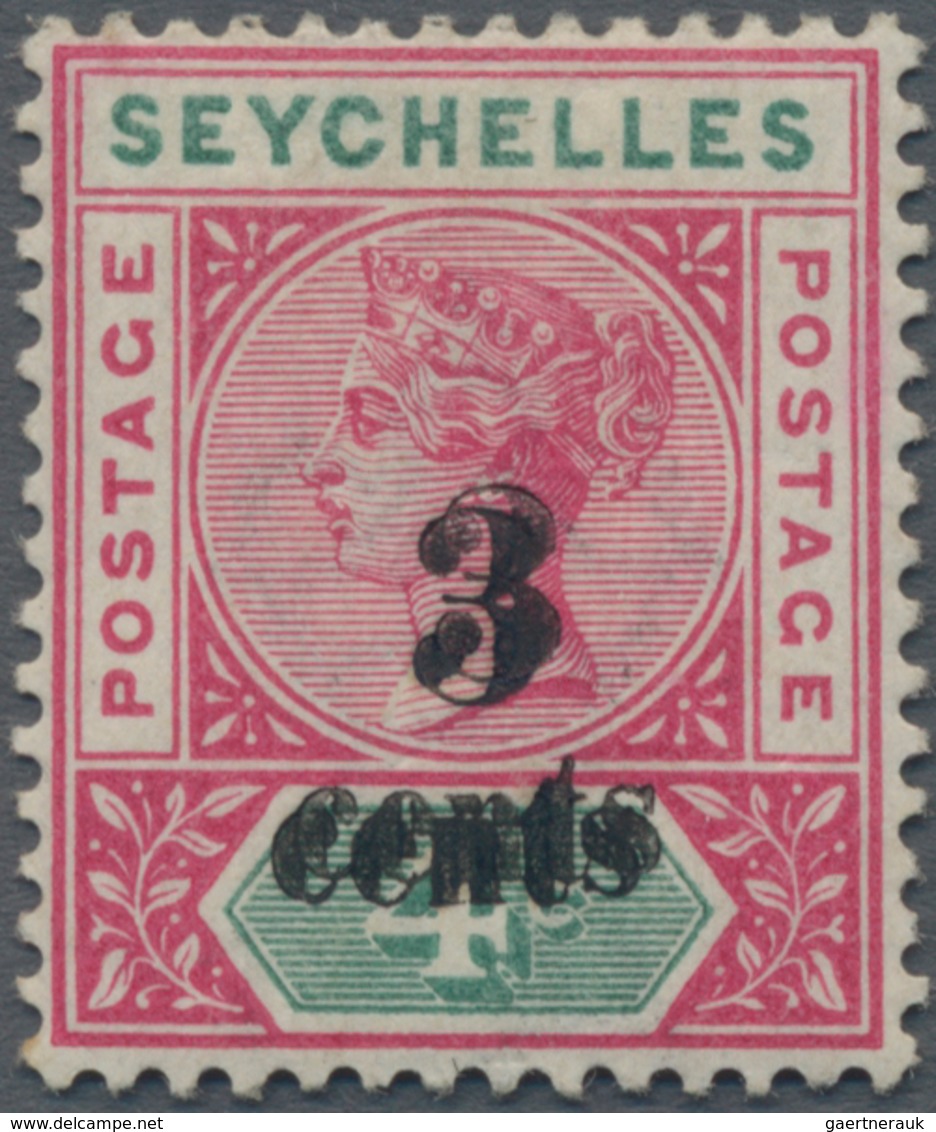 Seychellen: 1893 QV 3c. On 4c. Carmine & Green, Variety "OVERPRINT DOUBLE", Mint Lightly Hinged, Fre - Seychelles (...-1976)